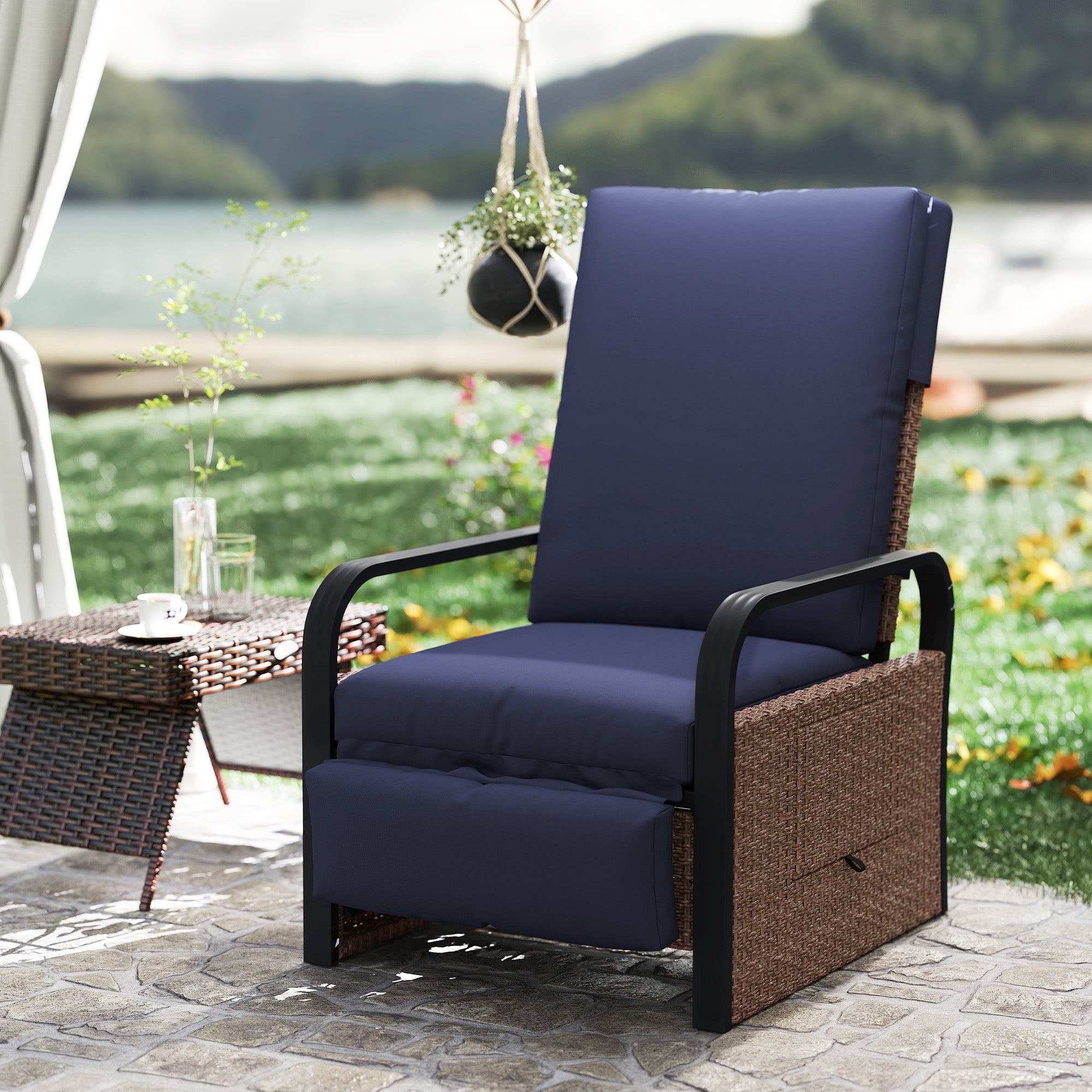 Outsunny 140° Reclining Rattan Armchair - Brown/Blue - North Peak Garden Furniture