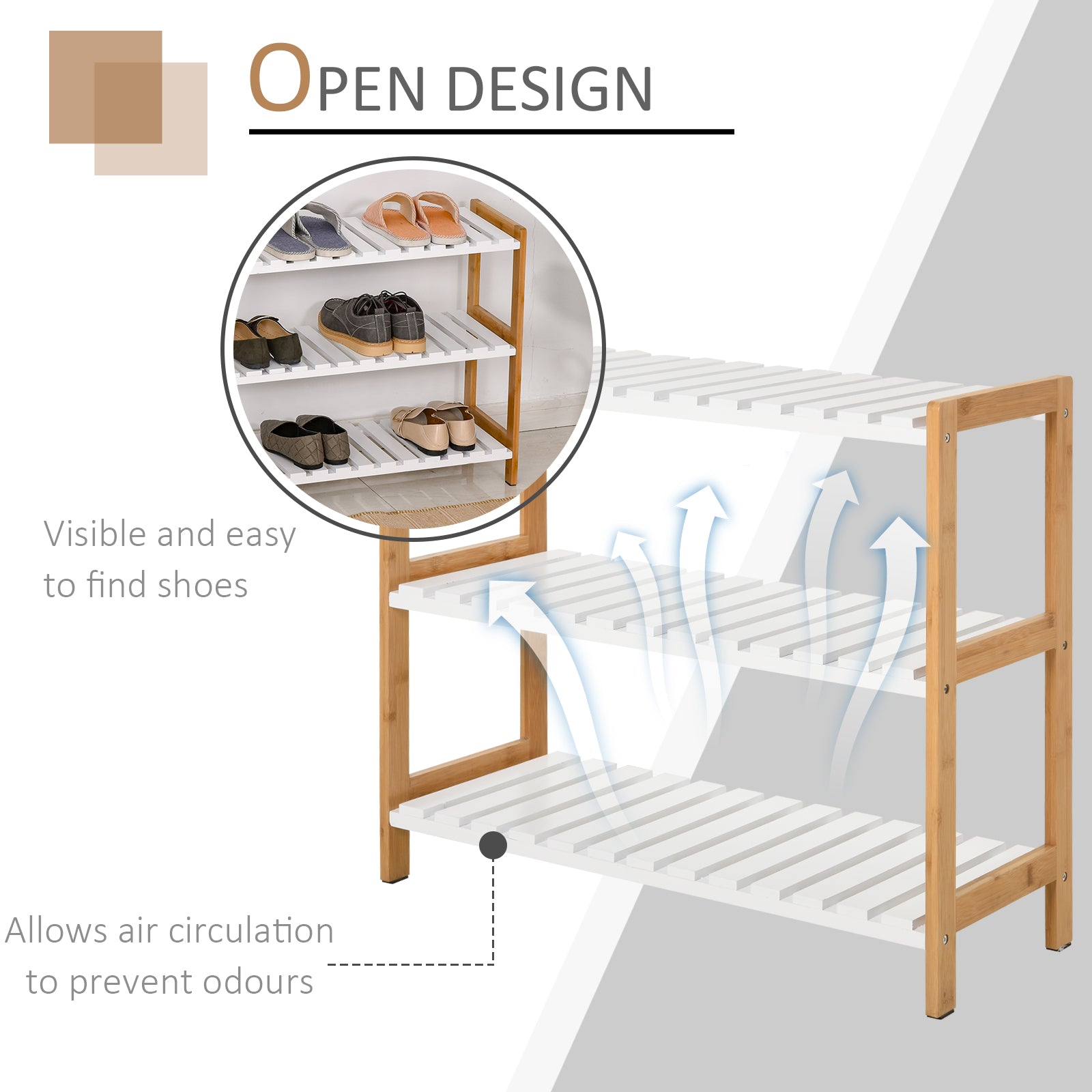 HOMCOM 3-Tier Shoe Rack Wood Frame Slatted Shelves Spacious Open Hygienic Storage Home Hallway Furniture Family Guests 70L x 26W x 57.5H cm - Natural - North Peak Garden Furniture