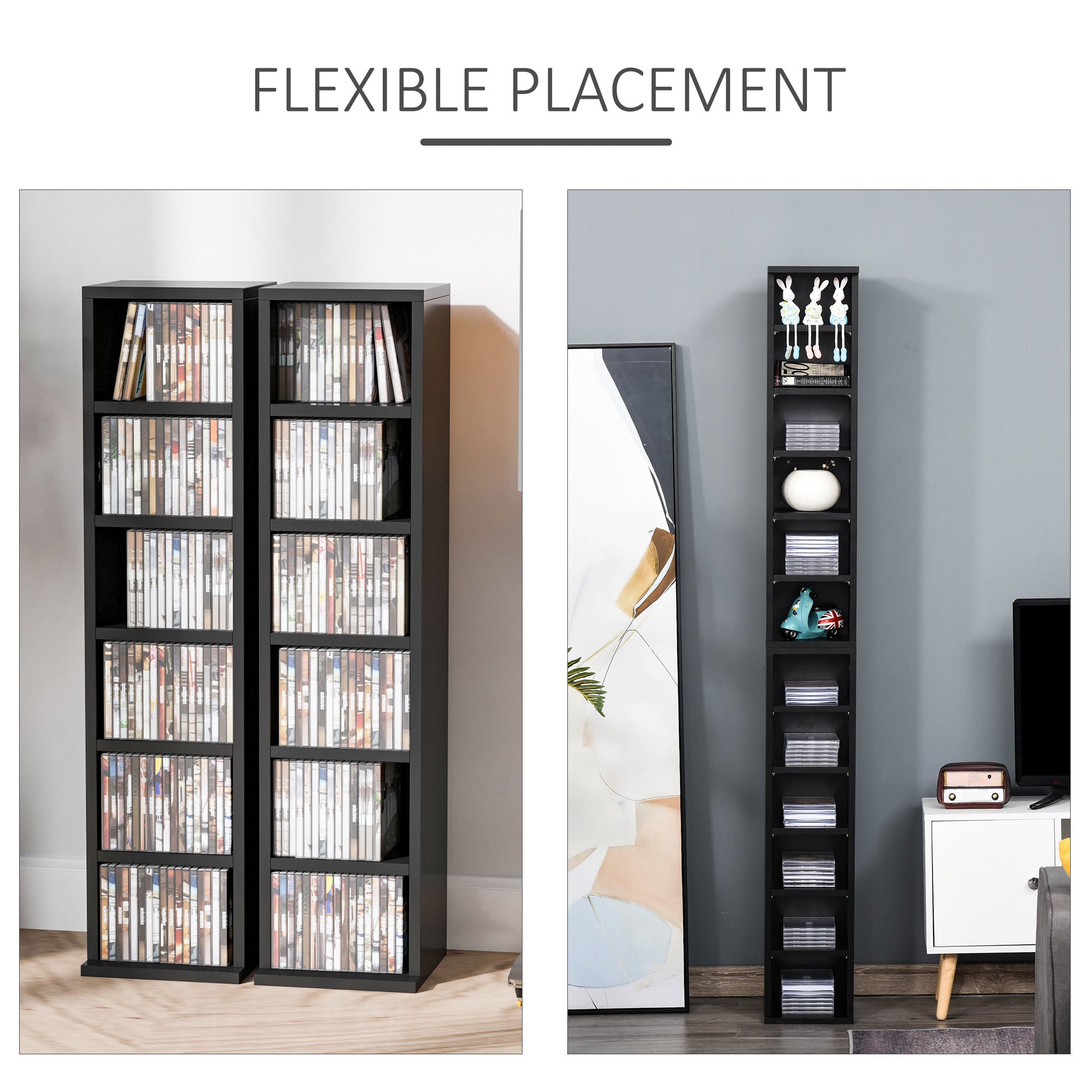 HOMCOM 204 CD Media Display Shelf Unit Set of 2 Blu-Ray Tower Rack w/ Adjustable Shelves Bookcase Storage Organiser, Black - North Peak Garden Furniture