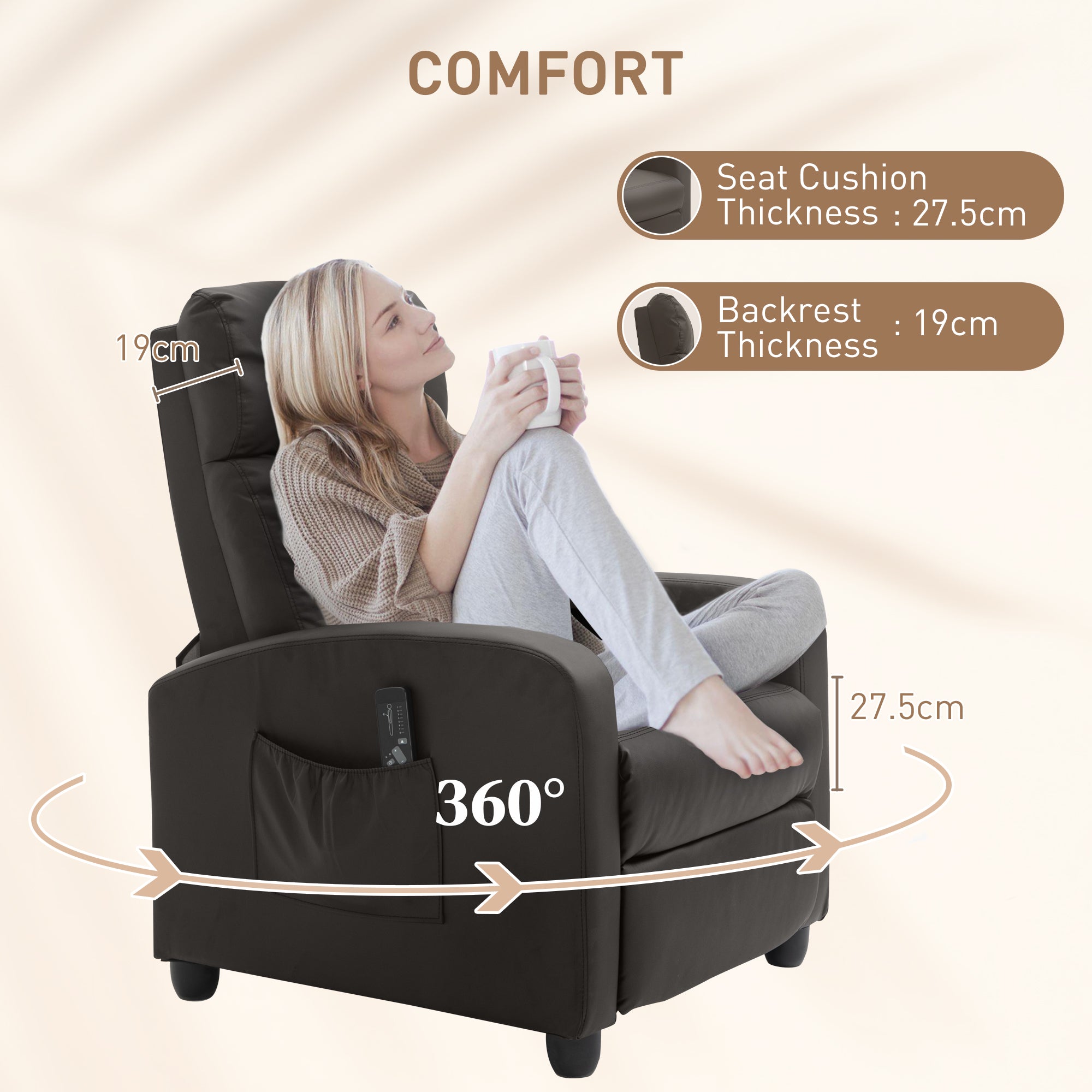 HOMCOM Recliner Armchair, Massage Faux Leather Push Back Reclining Chair with Adjustable Leg Rest, Side Pocket, for Home Living Room Theatre, Brown