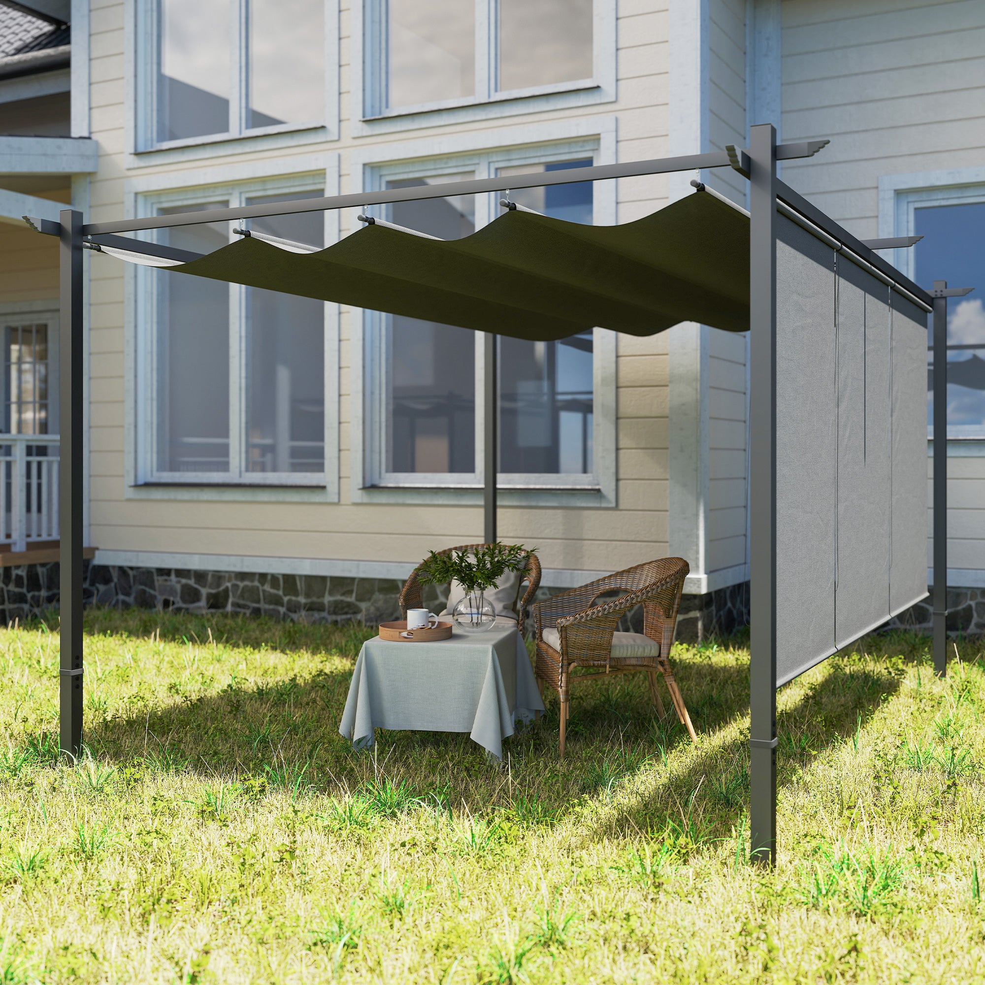 Outsunny 3 x 4m Metal Pergola with Retractable Roof and Roller Shade, Wall-Mounted or Free Standing Garden Gazebo Canopy Pergola Kit, UPF30+ Outdoor Sun Shade Shelter, Grey - North Peak Garden Furniture