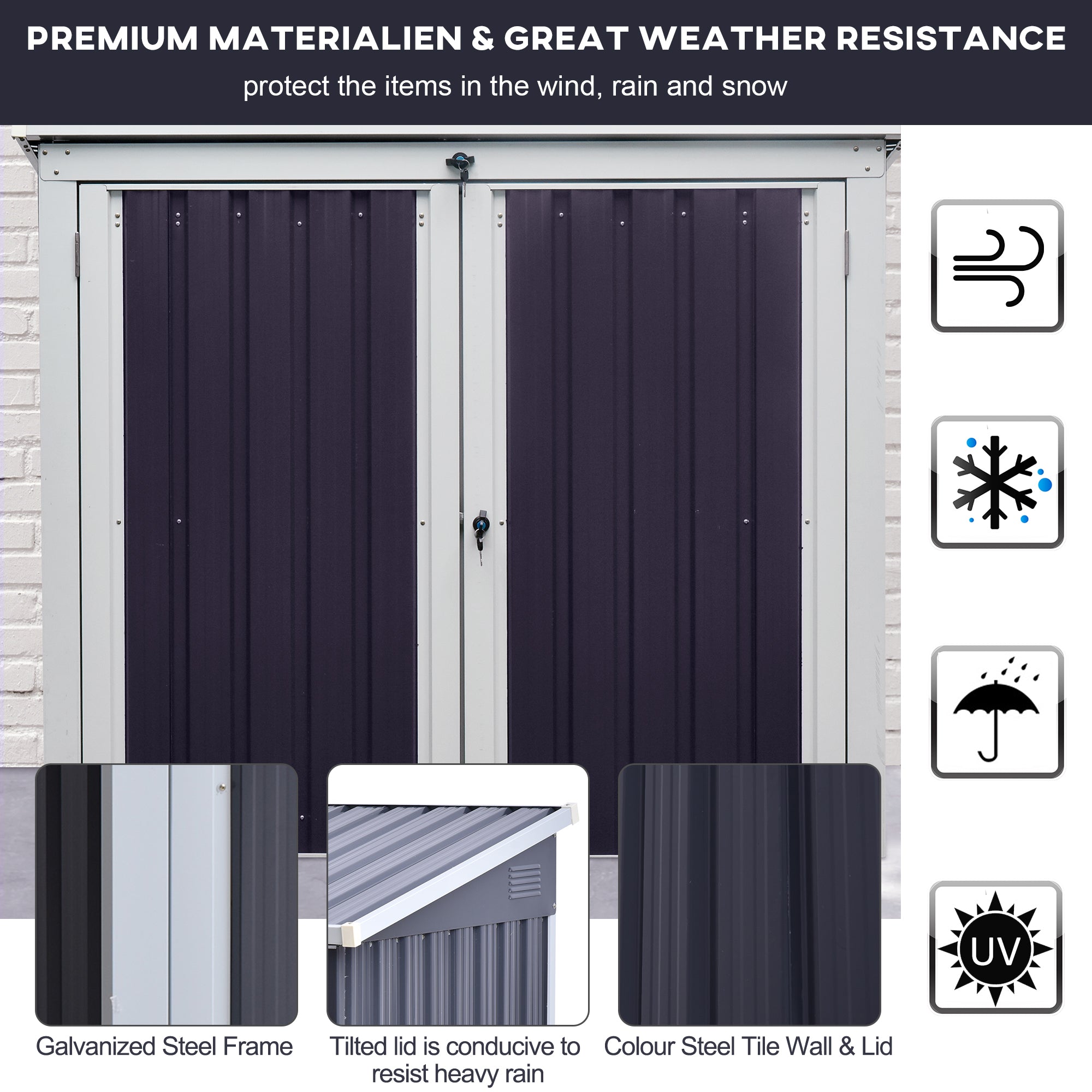 Outsunny 3.2 x 5.1ft Corrugated Steel Two-Bin Storage Shelter - Black - North Peak Garden Furniture