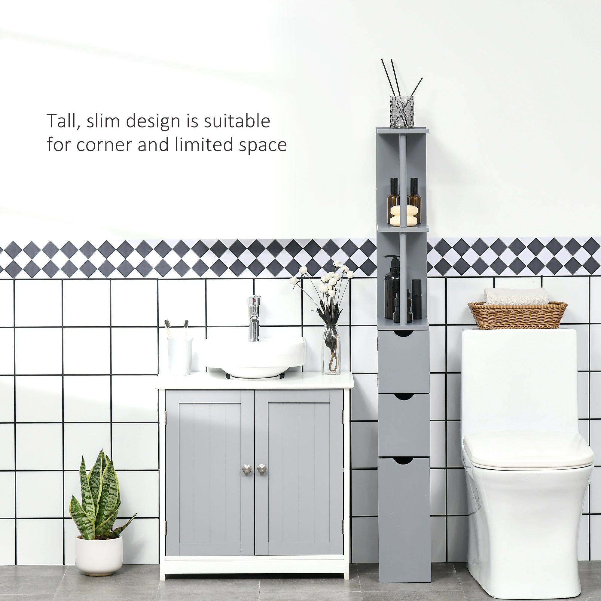 HOMCOM Tall Bathroom Cabinet, Freestanding Bathroom Storage Cabinet with 2-Tier Shelf and Drawers, Narrow Cupboard Storage Unit, Grey - North Peak Garden Furniture