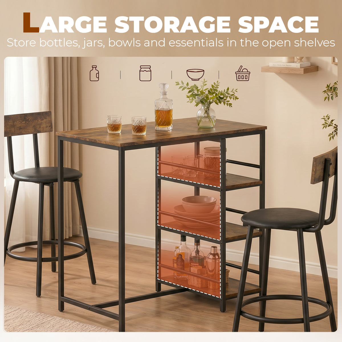 HOMCOM Space Saving Bar Table and PU Leather Stools for 2, 3 Piece Breakfast Bar Table Set with Storage Shelves, Rustic Brown