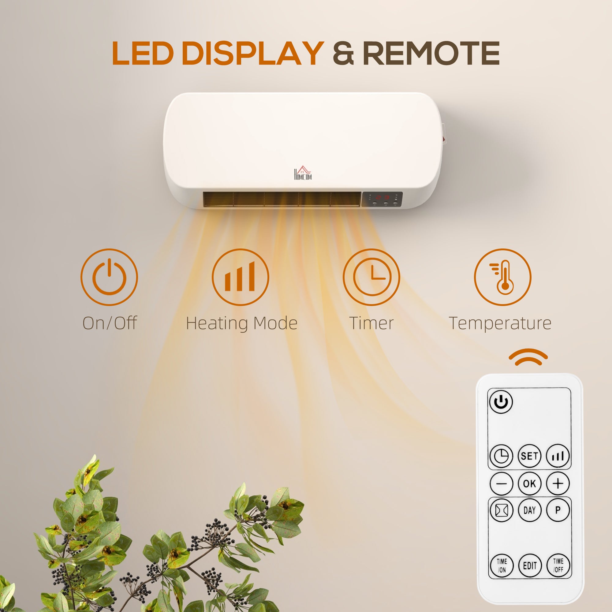 HOMCOM 2000W Wall Mounted Ceramic Space Heater, 10-49°C Temperature, White