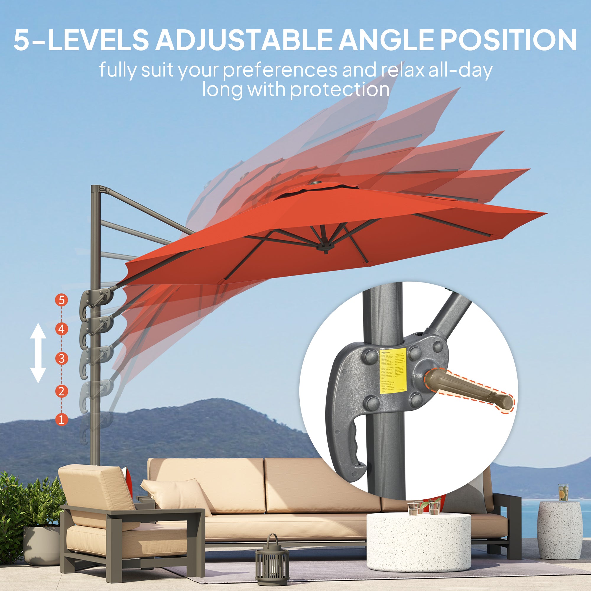 Outsunny Five-Position Overhanging Parasol - Orange - North Peak Garden Furniture