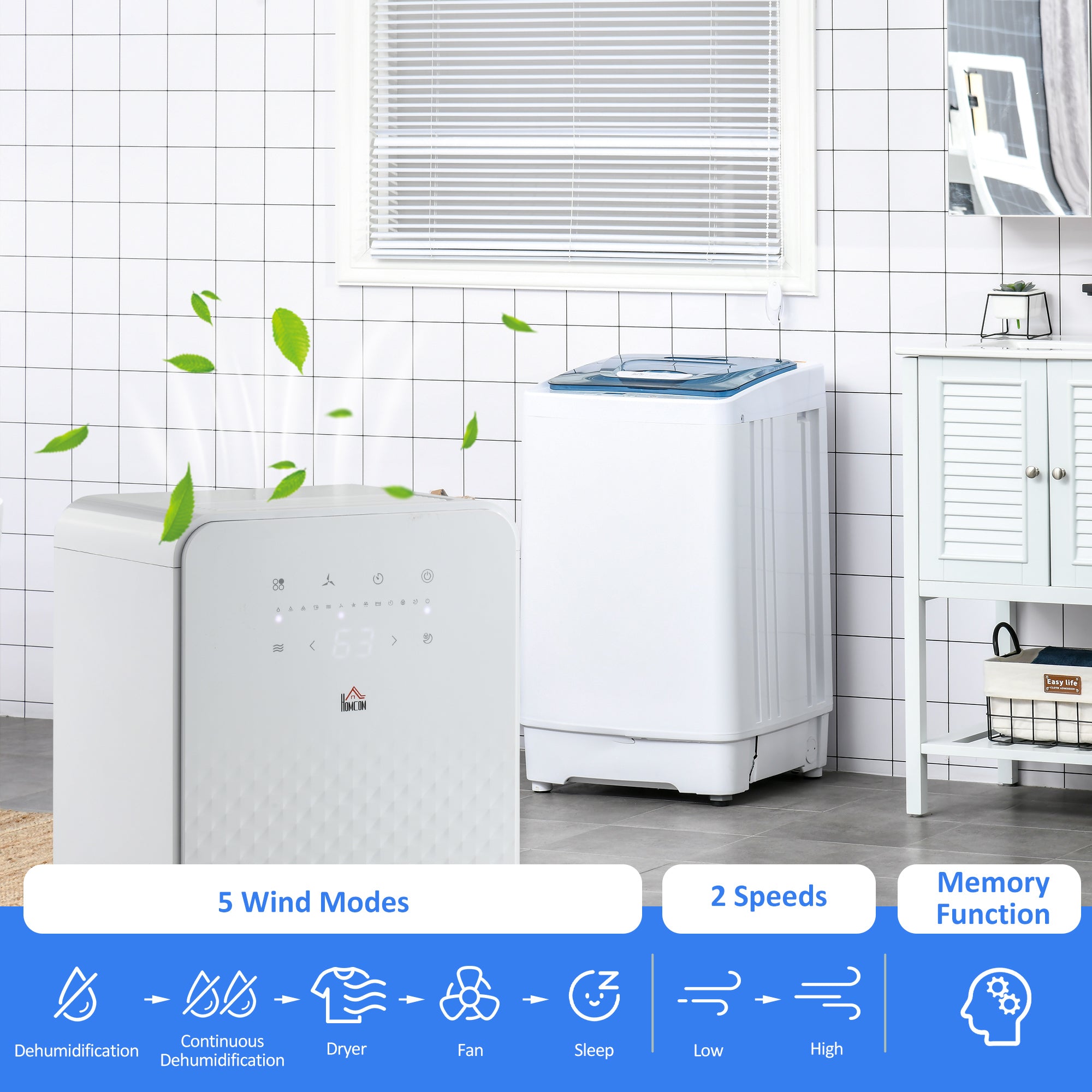 HOMCOM 2000mL Portable Dehumidifier with Air Purifier, 24H Timer, 5 Modes, 10L/Day, for Home Laundry, White - North Peak Garden Furniture