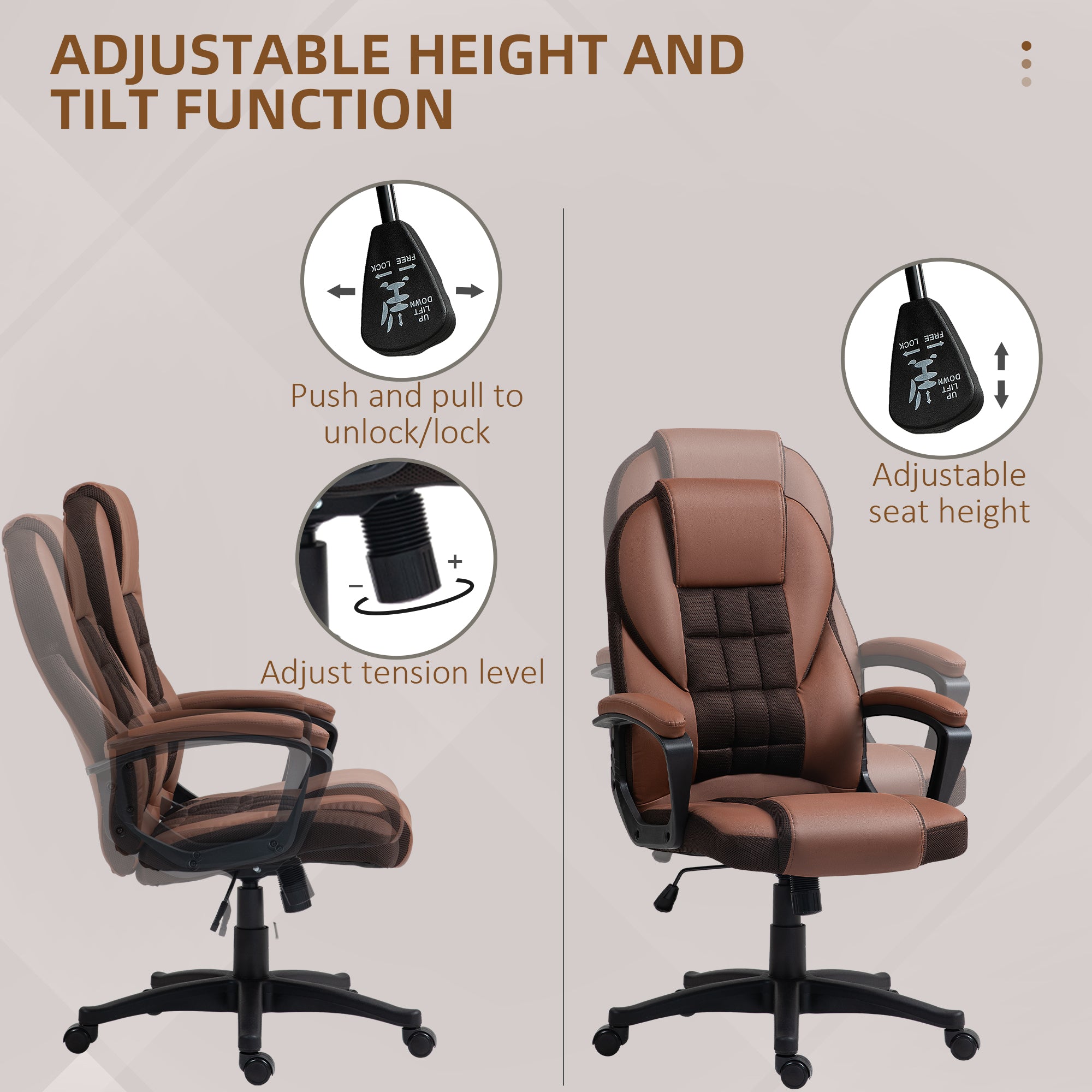 HOMCOM Faux Leather Office Chair - Brown - North Peak Garden Furniture