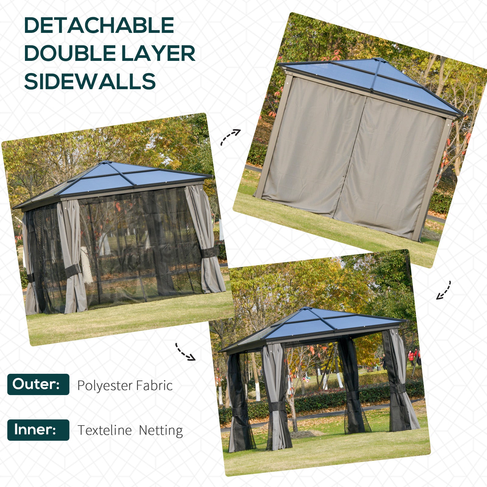 Outsunny 3 x 3(m) Hardtop Gazebo Canopy with Polycarbonate Roof, Aluminium Frame, Permanent Pavilion Garden Gazebo with Netting and Curtains for Patio, Deck, Dark Grey - North Peak Garden Furniture