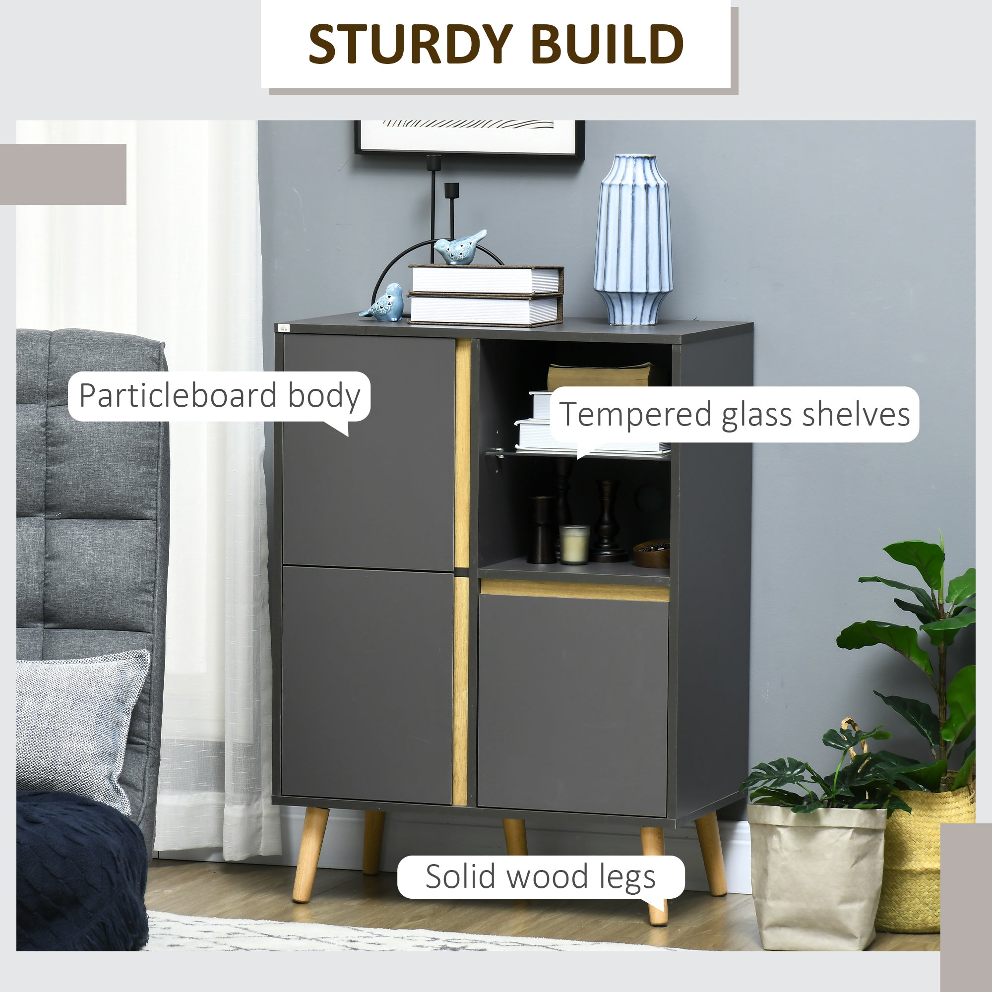 HOMCOM Storage Cabinet Sideboard with Tempered Glass Adjustable Shelves and Solid Wood Legs - North Peak Garden Furniture