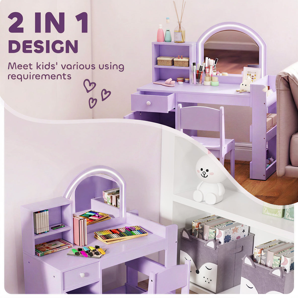 AIYAPLAY Kids Vanity Table and Chair Set, Girls Dressing Table with 2-Colour LED Mirror, Stool, Cabinet, Drawer, Shelves, Purple