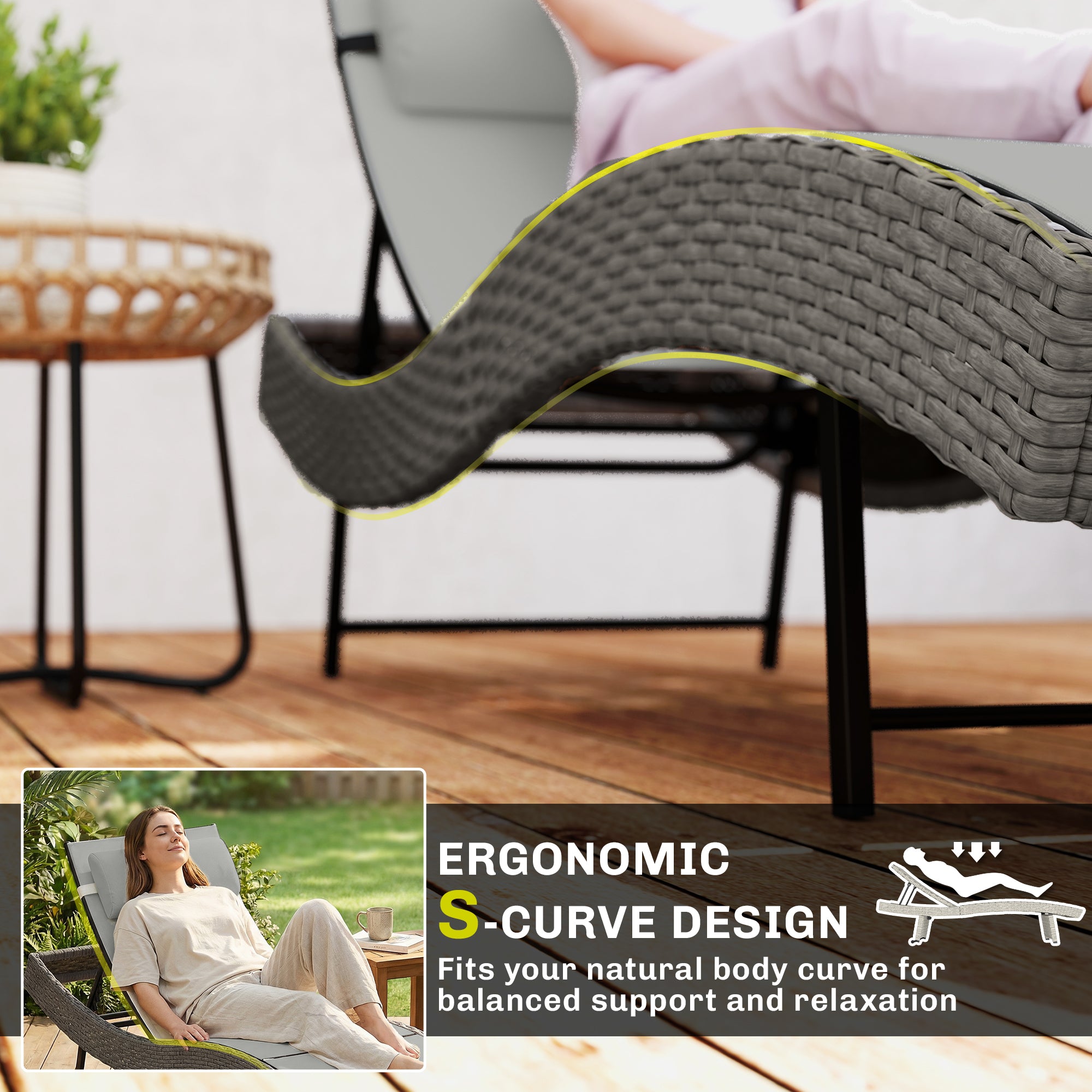Outsunny Rattan Sun Lounger, Garden Recliner with 5 Position Adjustable Back, S Shaped Texteline Seat, Headrest, Light Grey