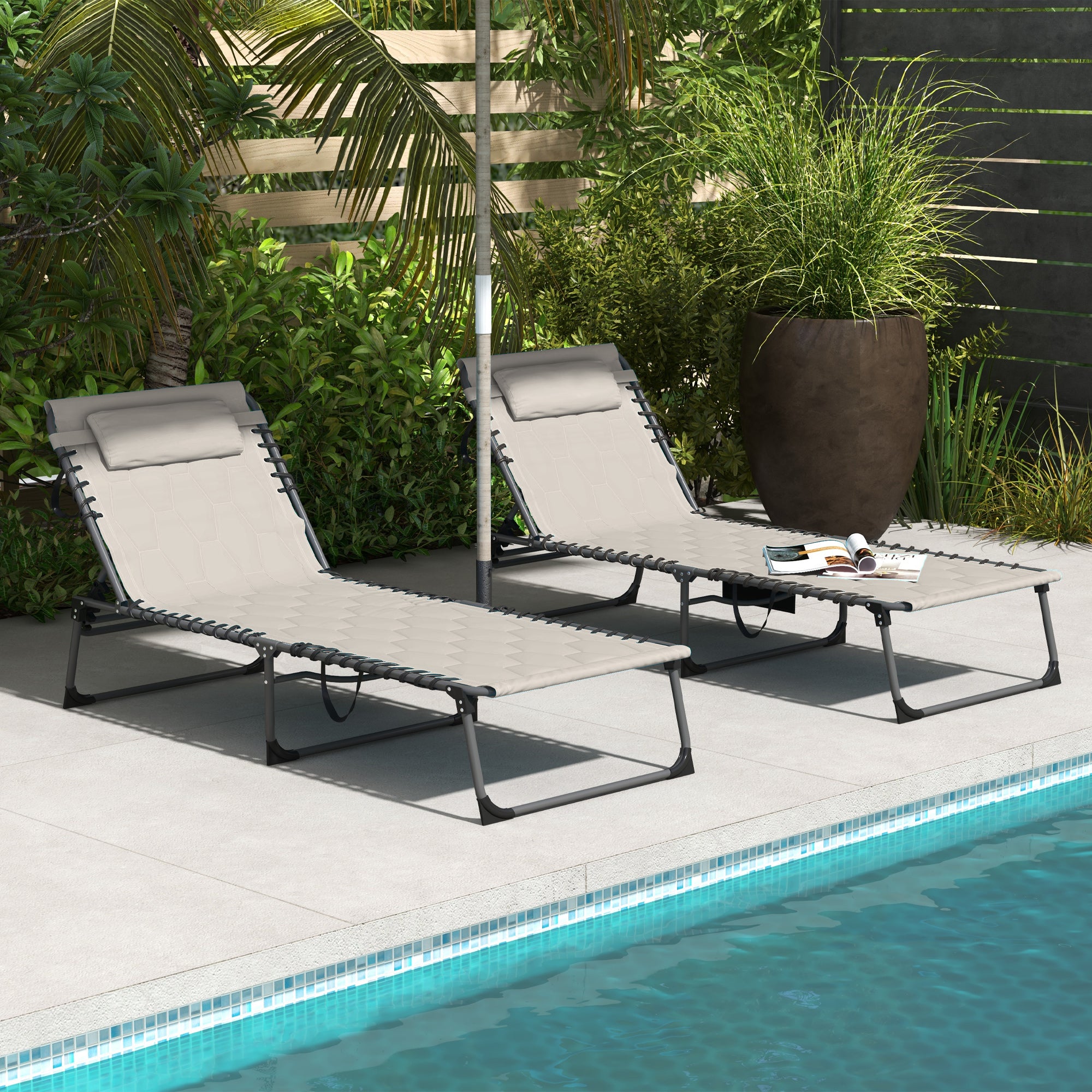 Outsunny Set of Two Sun Loungers, with Five-Position Reclining Backs - Khaki - North Peak Garden Furniture