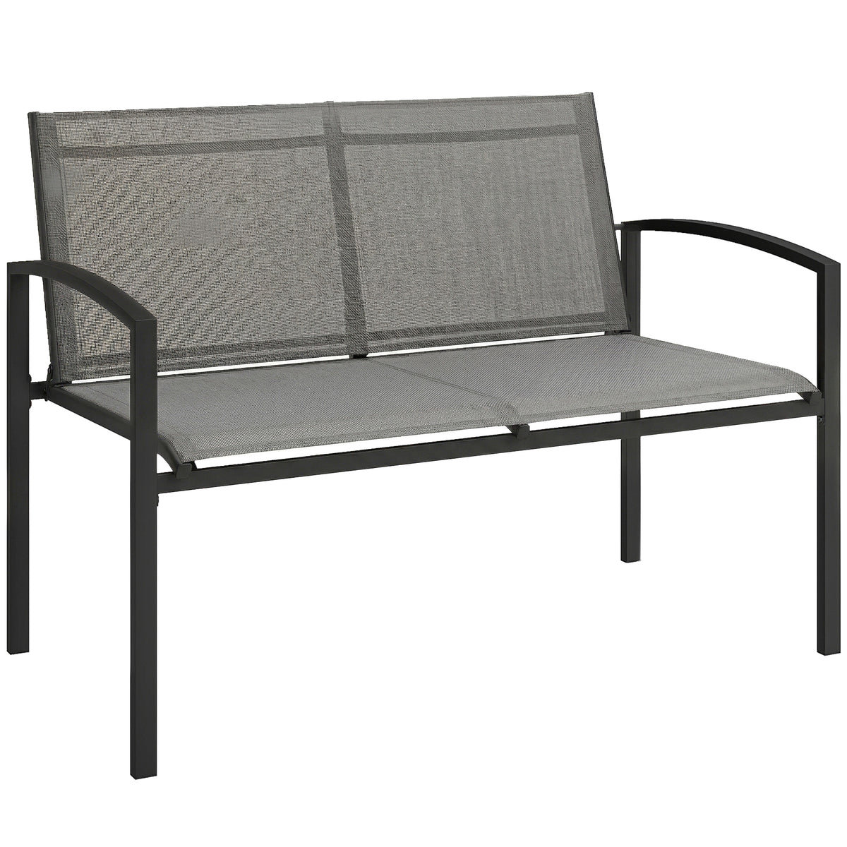Outsunny Metal Garden Bench, 2 Seater Outdoor Furniture Seating with Breathable Texteline Fabric, Park Patio Seat, Grey
