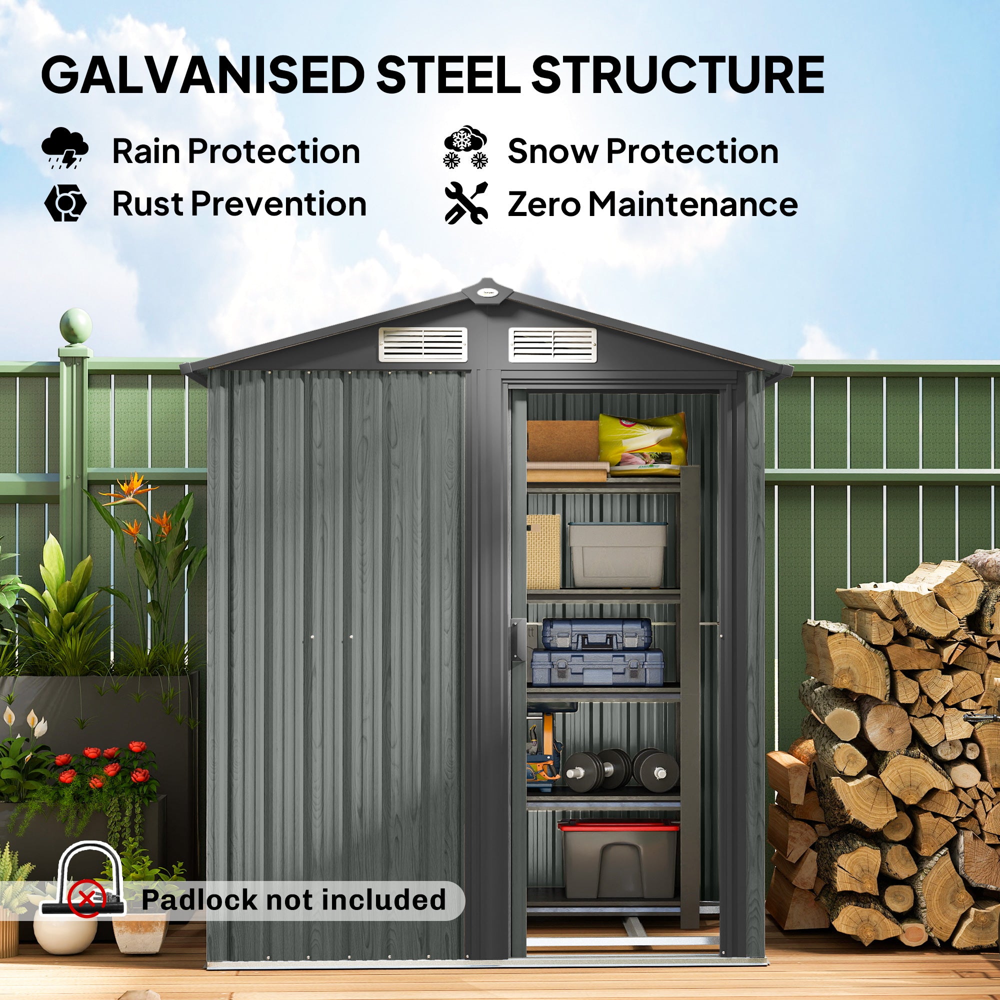 Outsunny 4.3 x 5ft Outdoor Garden Storage Shed - Grey Wood Effect