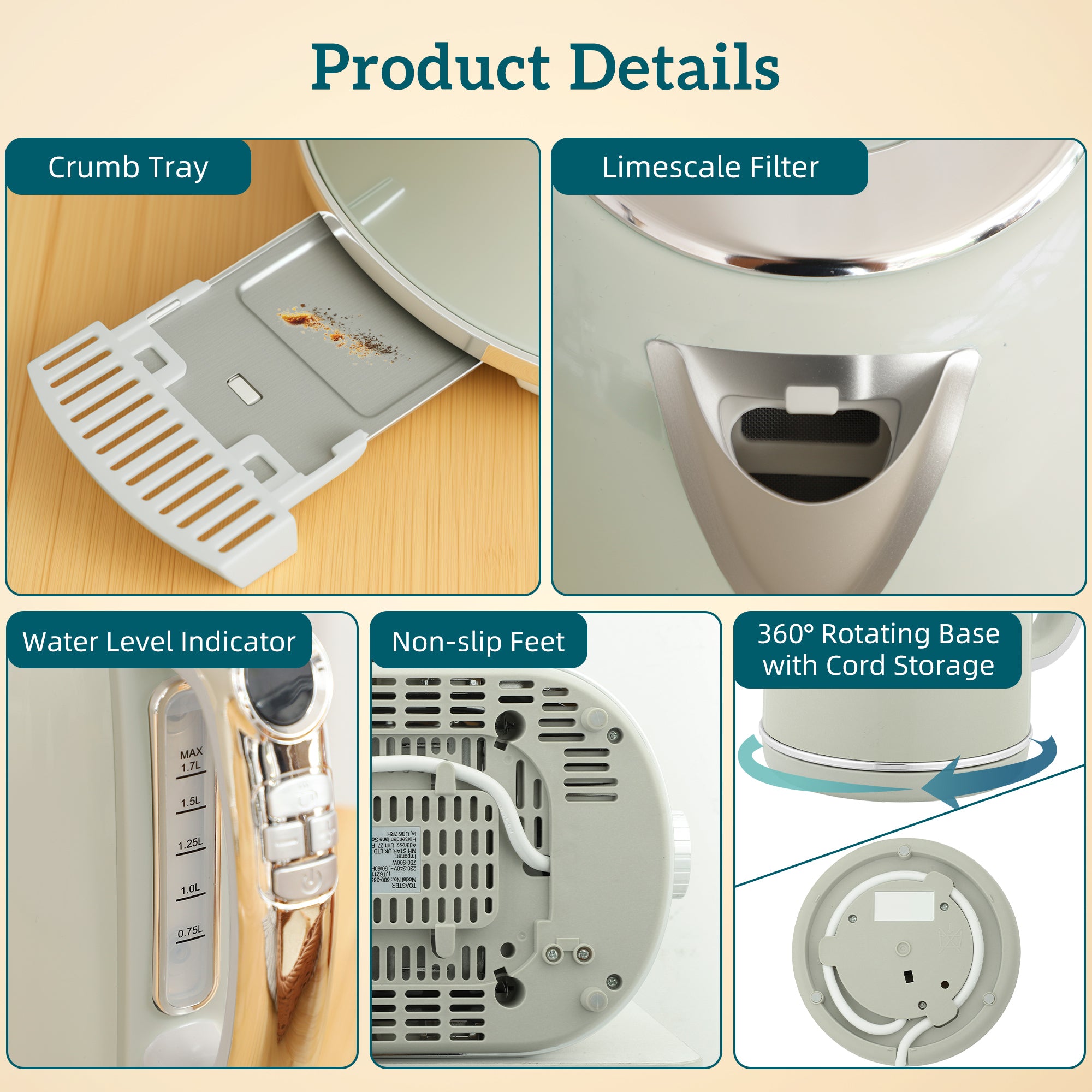 HOMCOM Polished Retro 40-100°C Kettle and Toaster Set - Grey