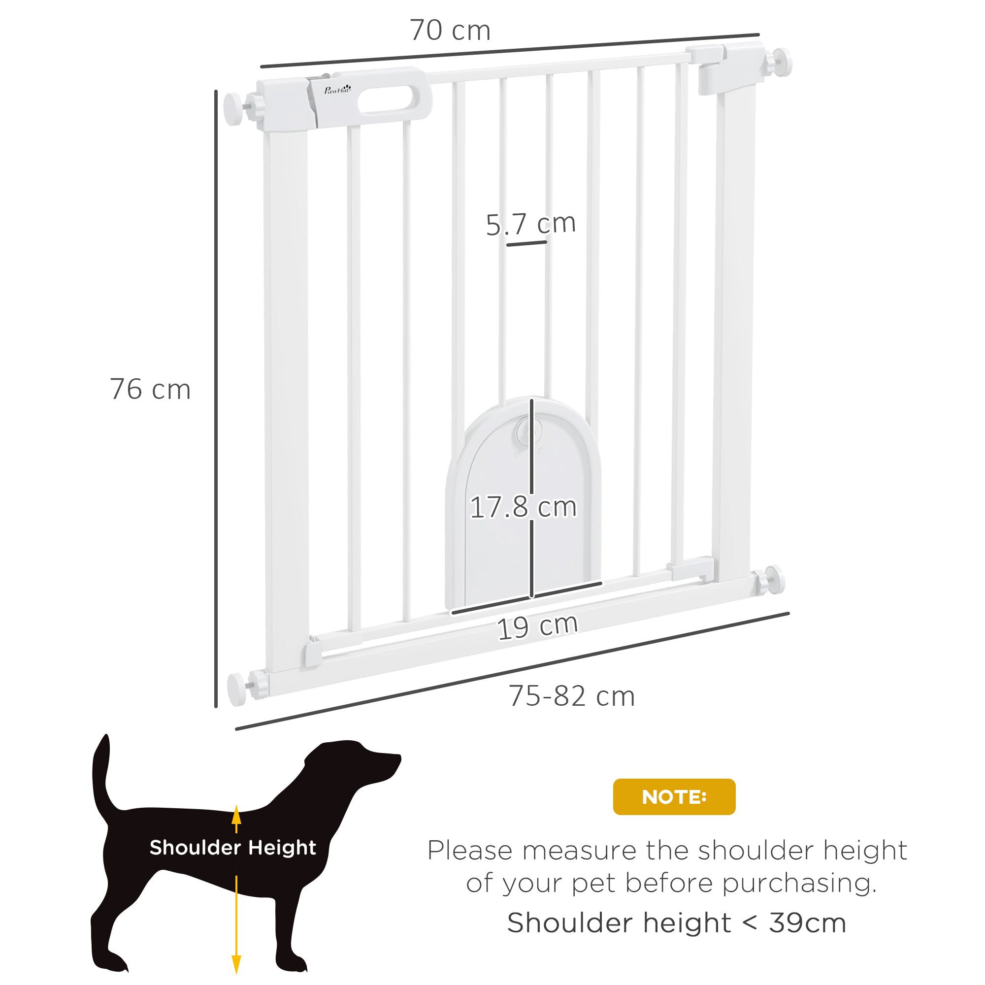 PawHut 75-82cm Pet Safet Gaye, Pressure Fit Stair, with Cat Flap, Double Locking, White - North Peak Garden Furniture