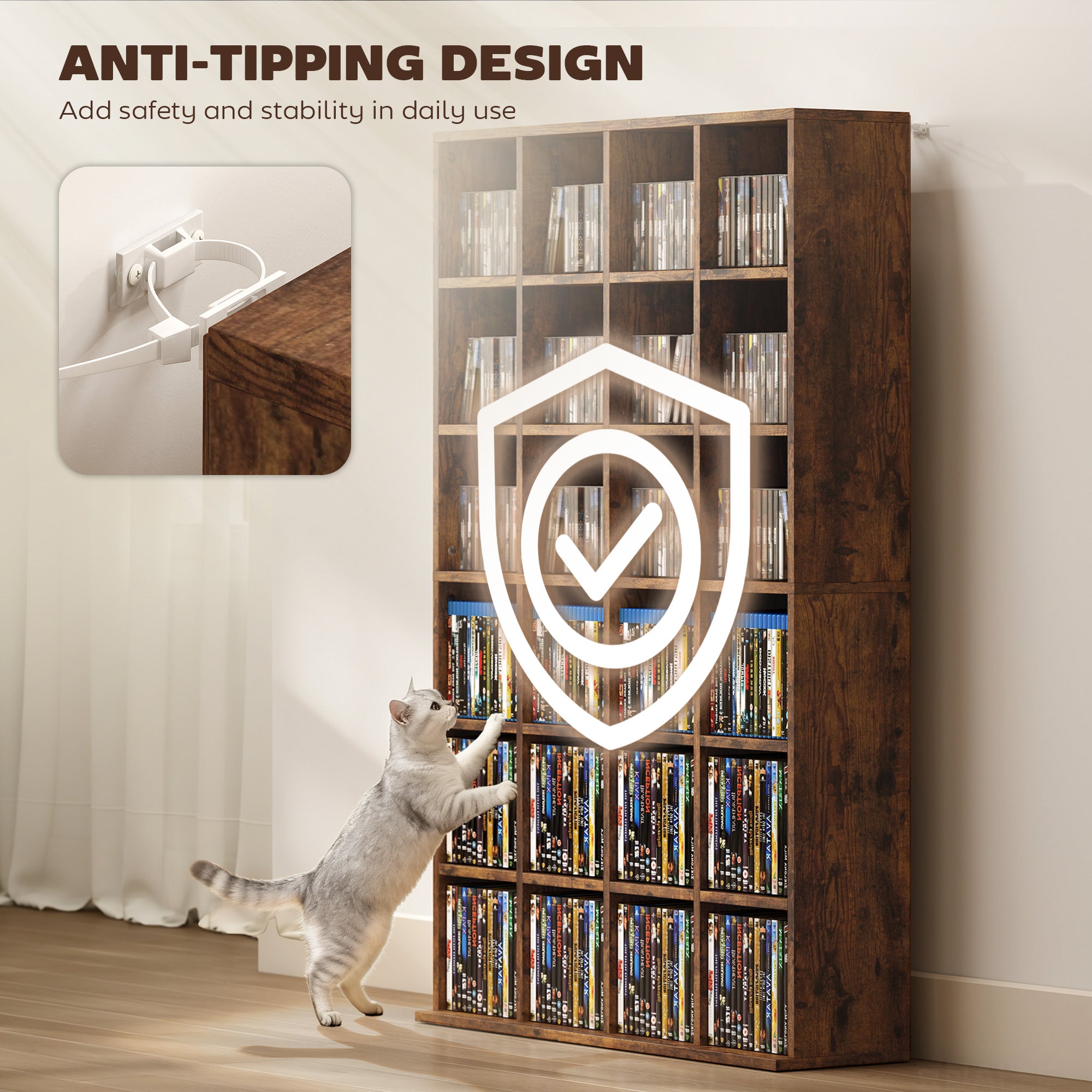 HOMCOM CD Storage Unit with Adjustable Shelves, 89 x 130.5 cm, Rustic Brown