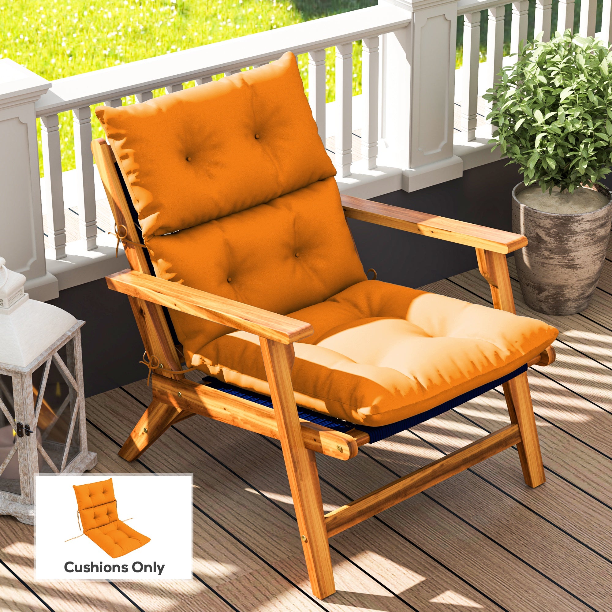 Outsunny Tufted Adirondack Chair Cushion, Thick Garden Seat Cushion Pad with Backrest, Rocking Chair Cushion with Ties for Outdoor and Indoor Use, Orange