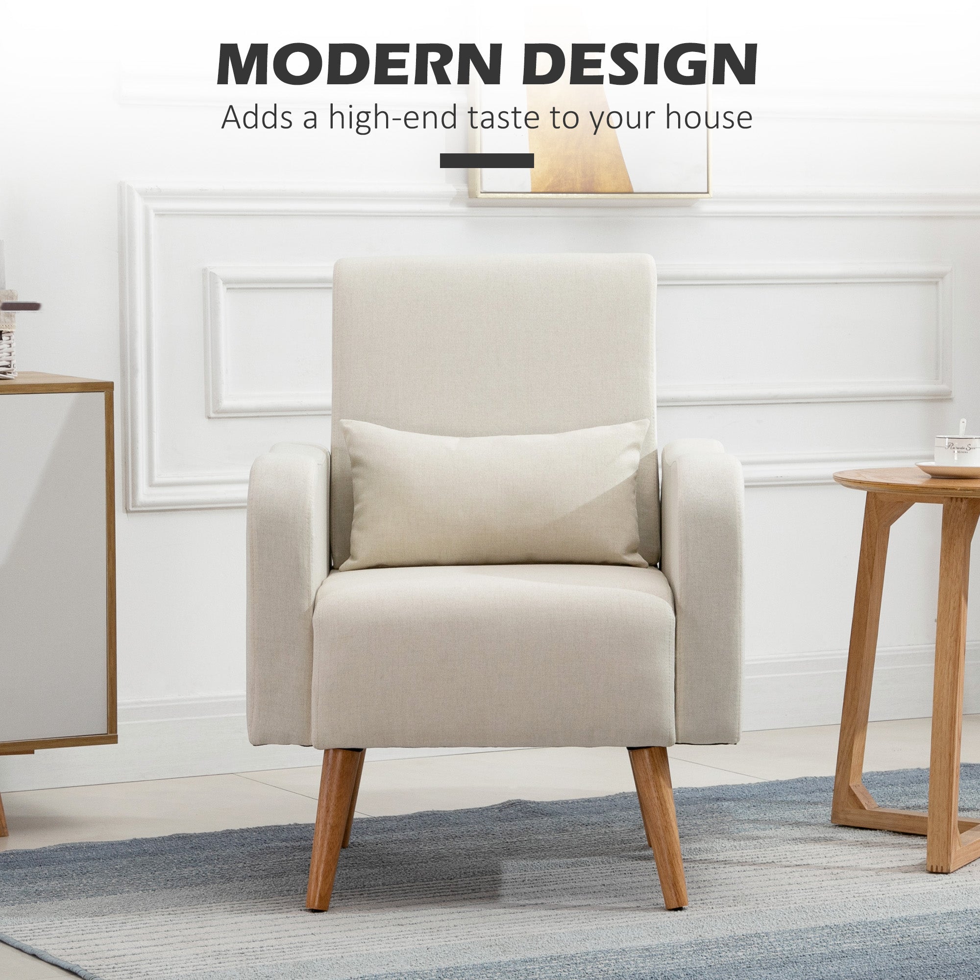 HOMCOM Accent Chair, Linen-Touch Armchair, Upholstered Leisure Lounge Sofa for Living Room, Club Chair with Wooden Frame, Cream - North Peak Garden Furniture