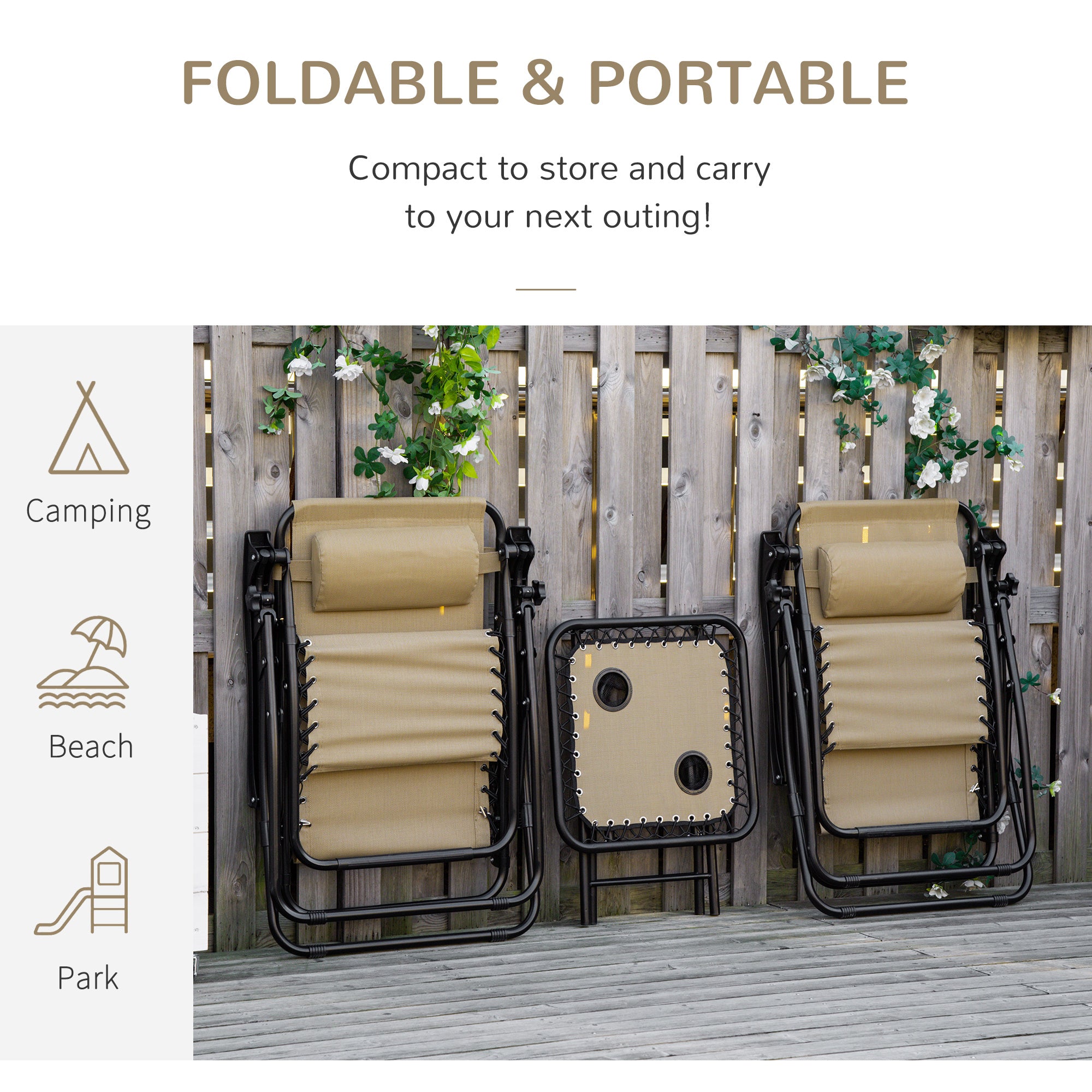 Outsunny 3pcs Folding Zero Gravity Chairs Sun Lounger Table Set w/ Cup Holders Reclining Garden Yard Pool, Beige - North Peak Garden Furniture