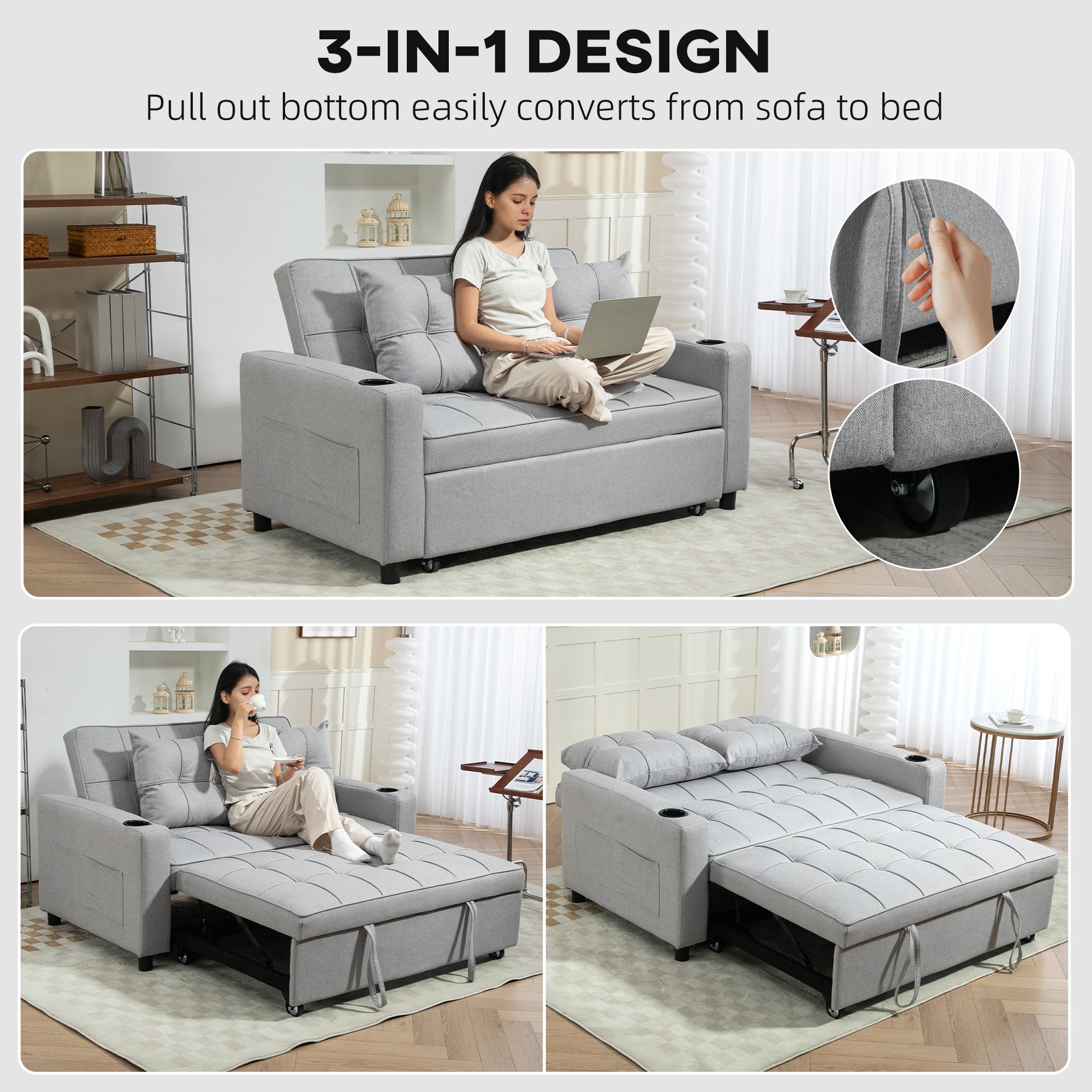 HOMCOM Two-Seater Pull-Out Sofa Bed - Light Grey - North Peak Garden Furniture