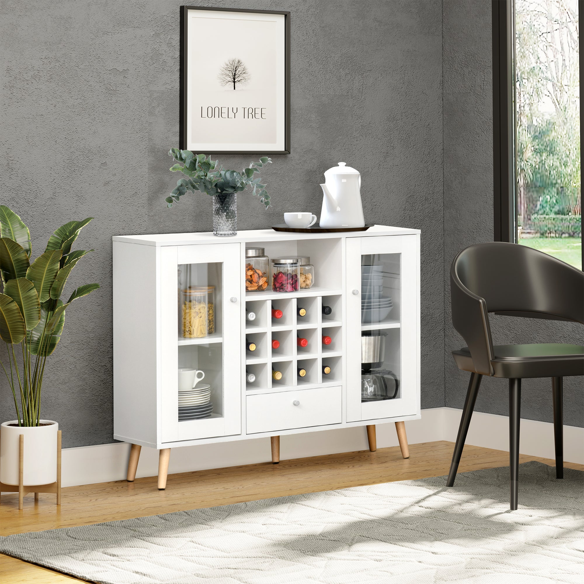 HOMCOM Modern Sideboard Storage Cabinet Kitchen Cupboard Dining Bar Server with Glass Doors, Drawer & 12-Bottle Wine Rack for Living Room, White - North Peak Garden Furniture