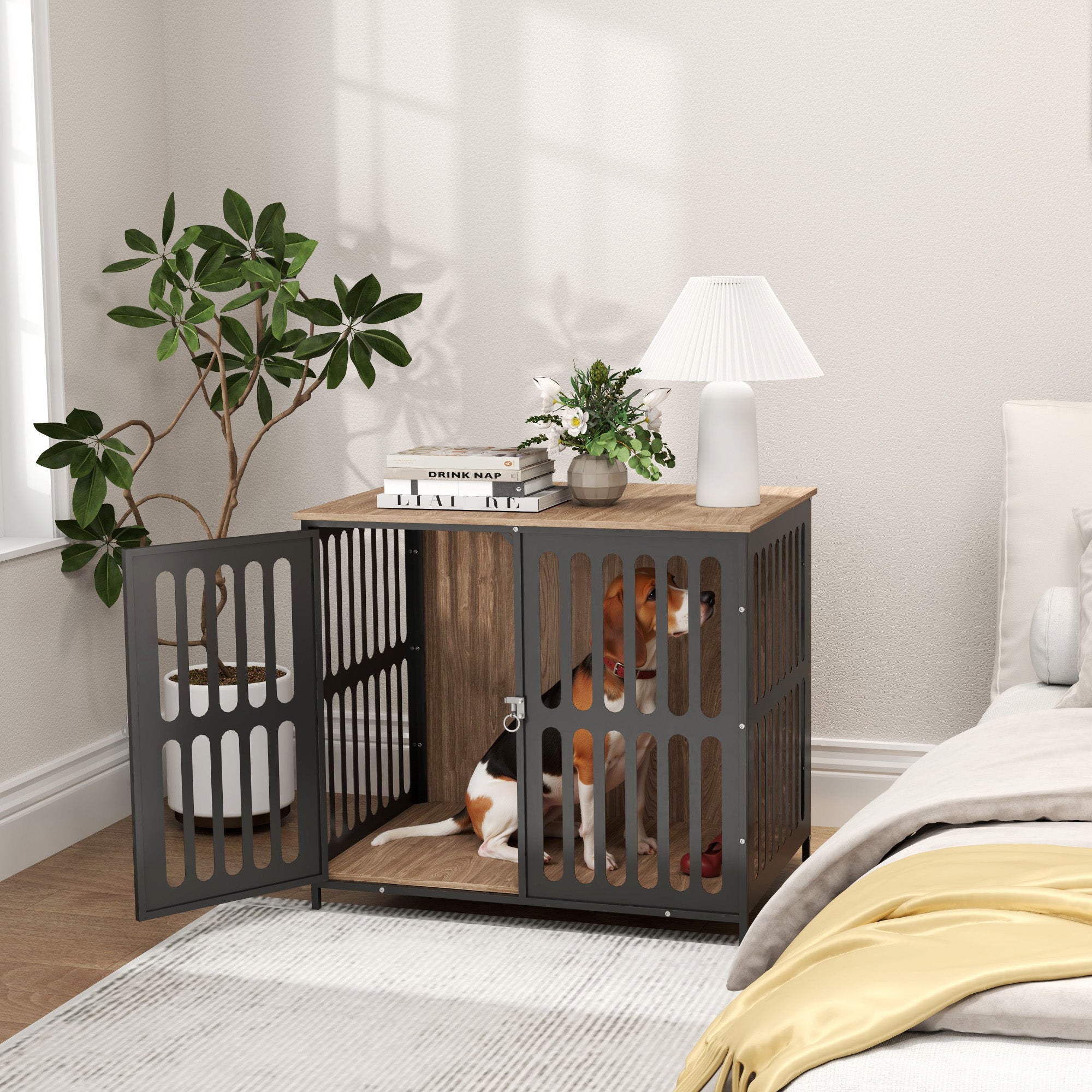 PawHut Dog Crate Furniture with Anti-Chew Resistant Mesh, Anti-Escape Single Door, for Medium Dogs, 80 x 55 x 72 cm - North Peak Garden Furniture