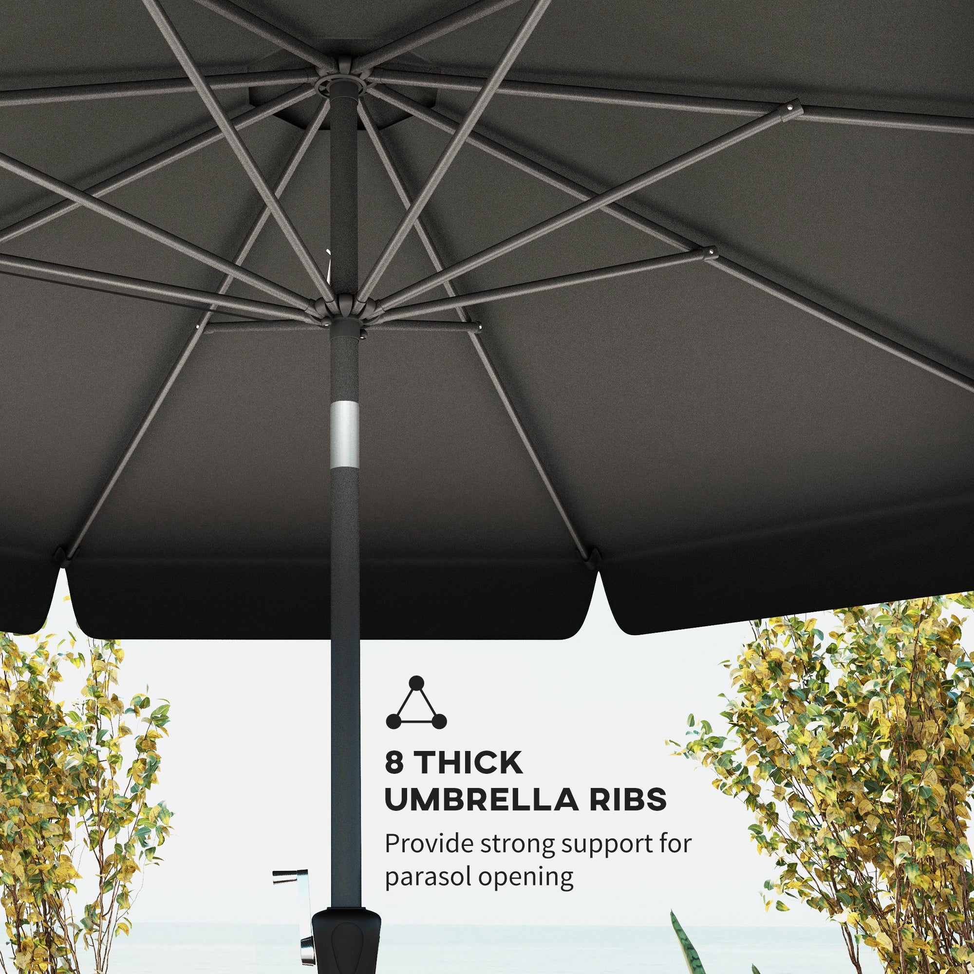 Outsunny 2.7m Patio Parasol Garden Umbrellas Outdoor Sun Shade Table Umbrella with Tilt, Crank, 8 Ribs, Ruffles, Black - North Peak Garden Furniture