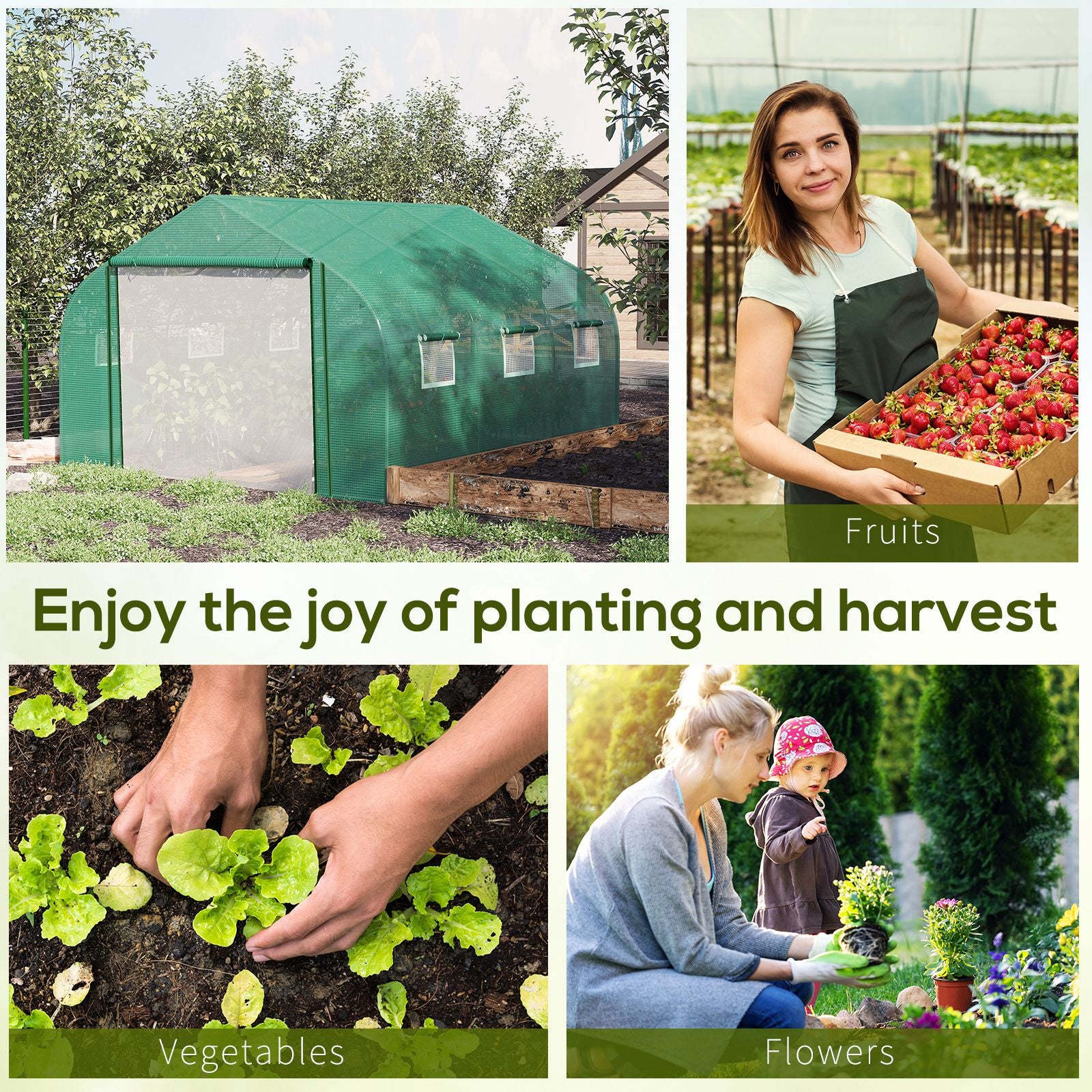 Outsunny Walk-in Polytunnel Garden Greenhouse, Outdoor Mesh Door Greenhouse with PE Cover and 6 Windows, 3.5 x 3 x 2m, Green - North Peak Garden Furniture