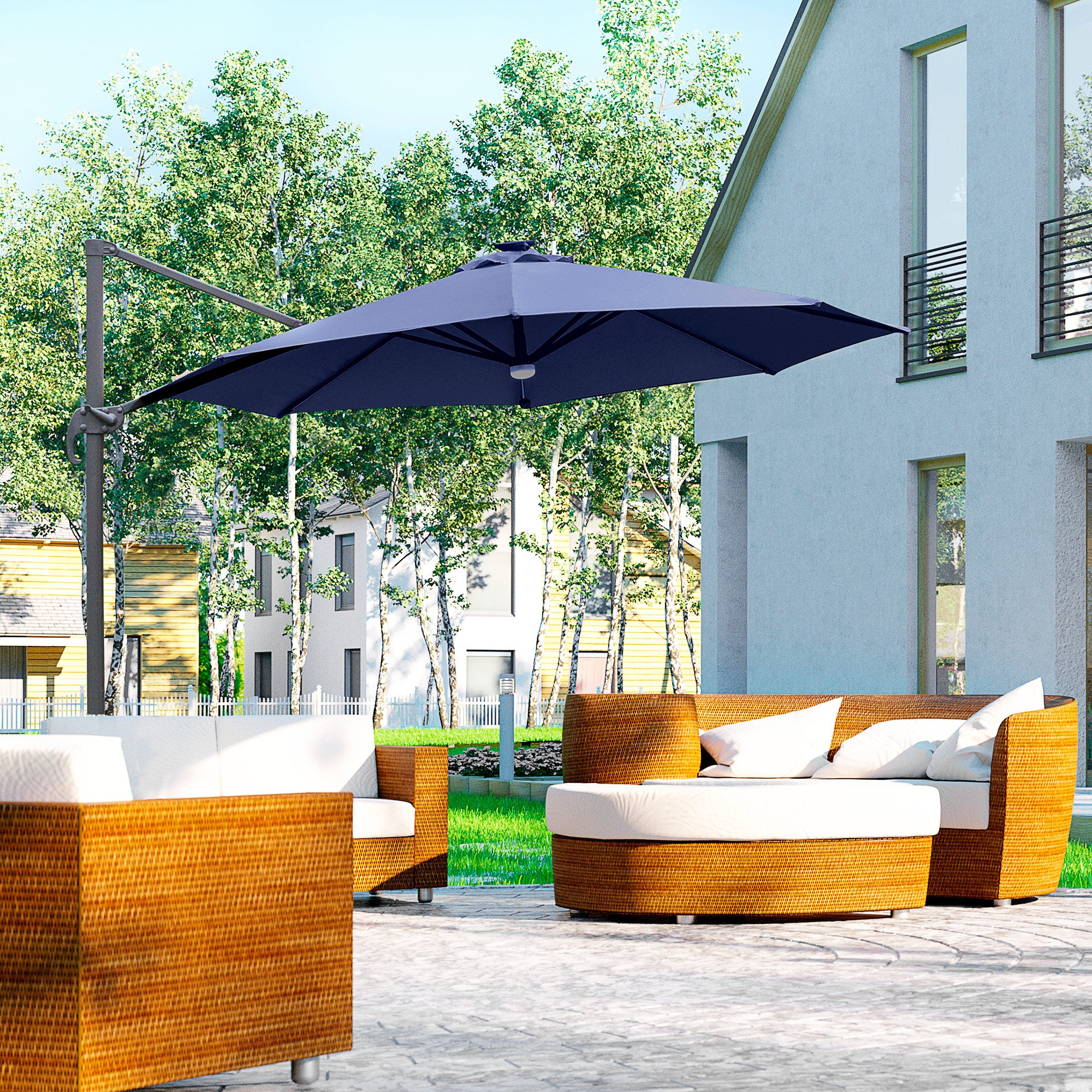 Outsunny 3(m) LED Cantilever Parasol Outdoor Sun Umbrella w/ Base Solar Lights Blue - North Peak Garden Furniture