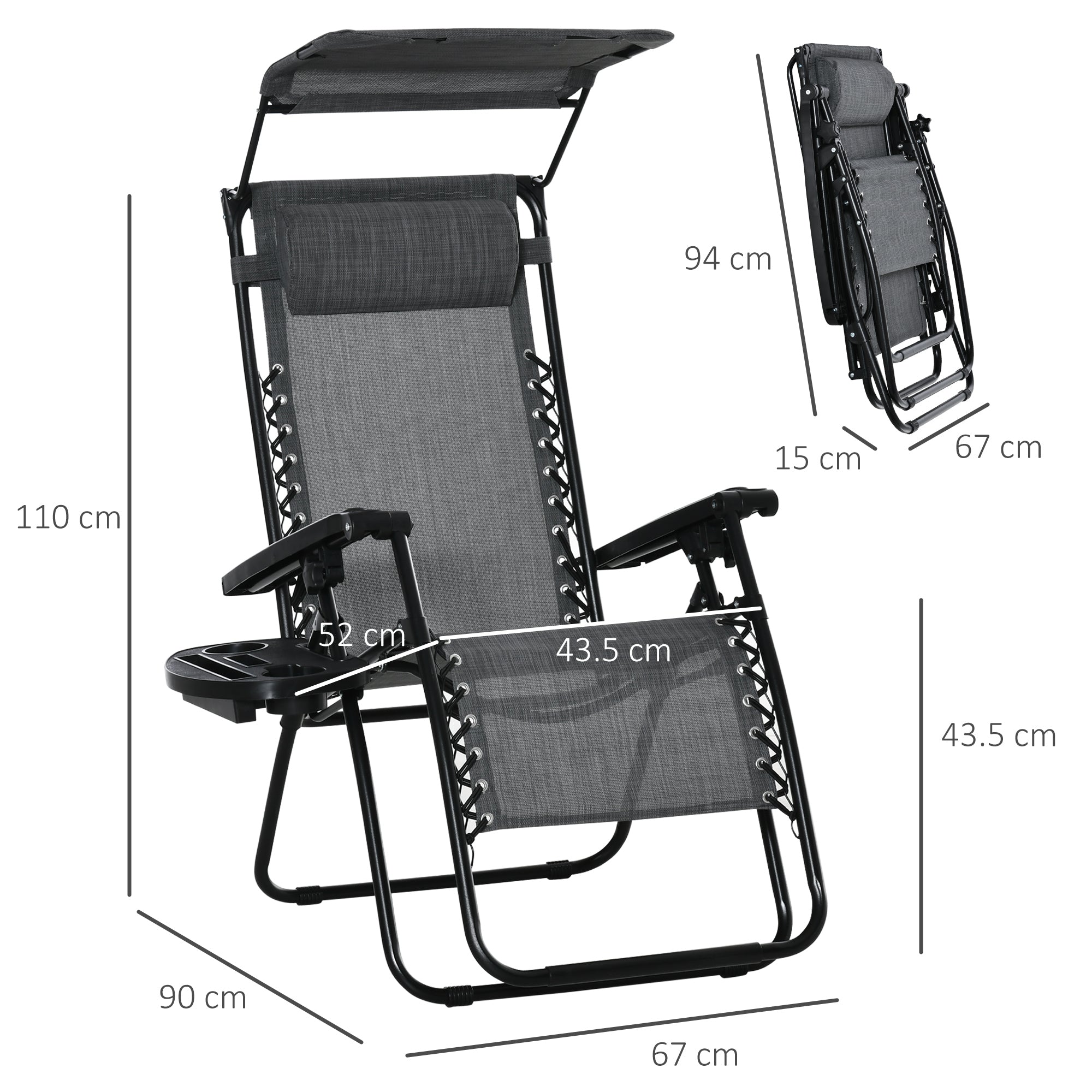 Outsunny Foldable Reclining Garden Chair with Headrest, Zero Gravity Deck Sun Lounger Seat Chair with Footrest, Armrest, Cup Holder & Canopy Shade, Light Grey - North Peak Garden Furniture