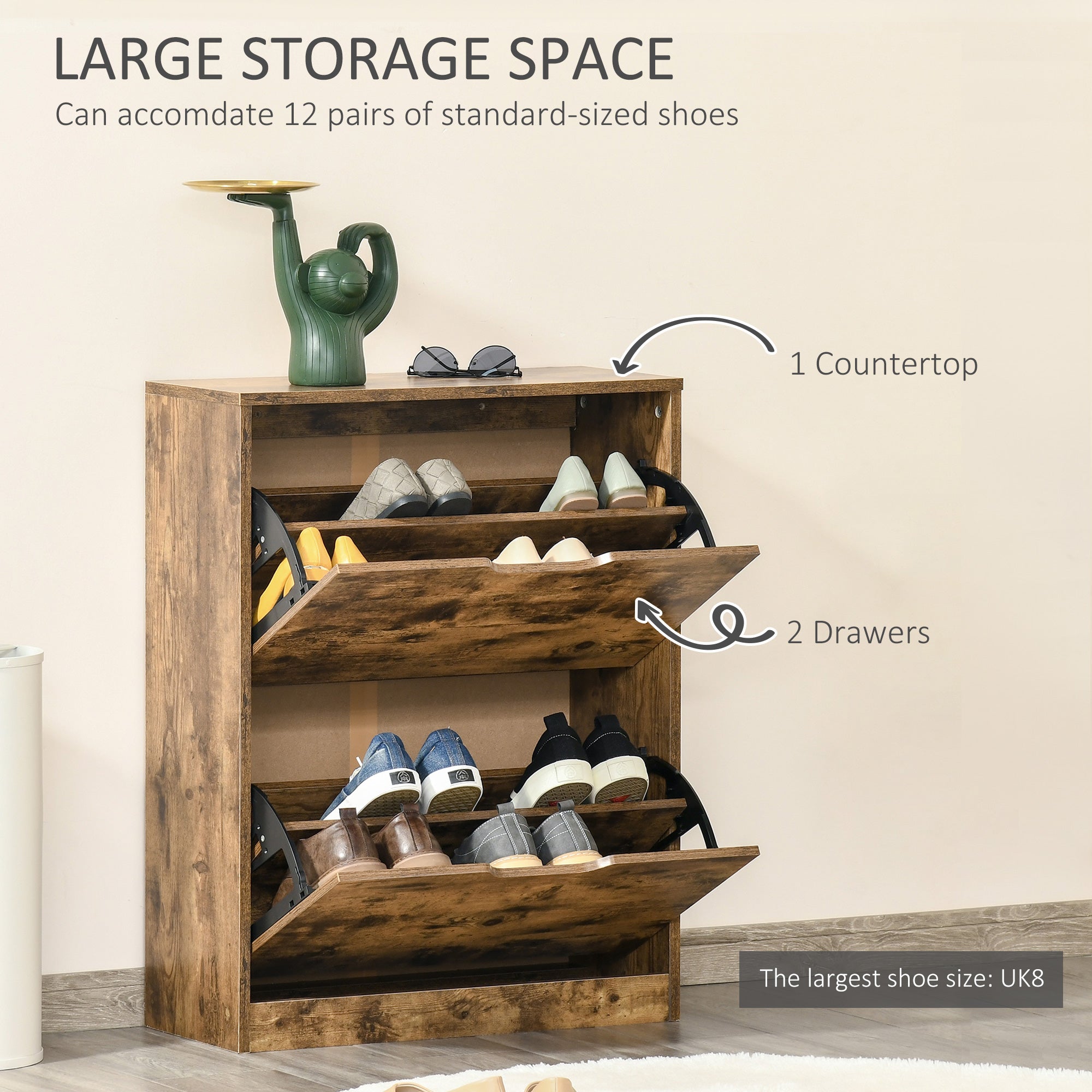 HOMCOM Industrial Shoe Cabinet with 2 Flip Drawers, Narrow Shoe Storage Cabinet for 12 Pairs, Freestanding Slim Shoe Storage Organiser for Entryway, Hallway, Rustic Brown - North Peak Garden Furniture