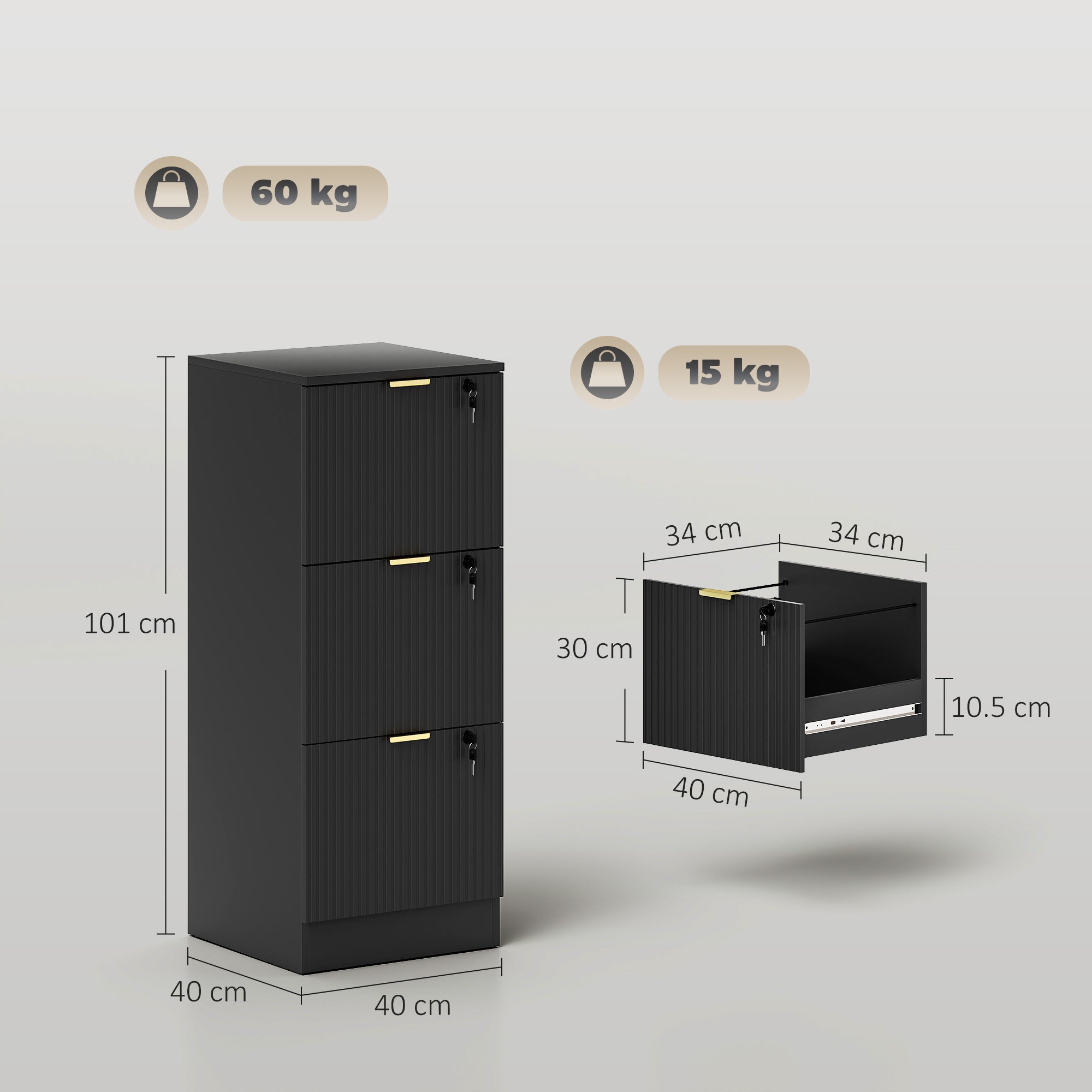 HOMCOM Filing Cabinet, Fluted Vertical File Cabinet with 3 Lockable Drawers and Hanging Rails, Black