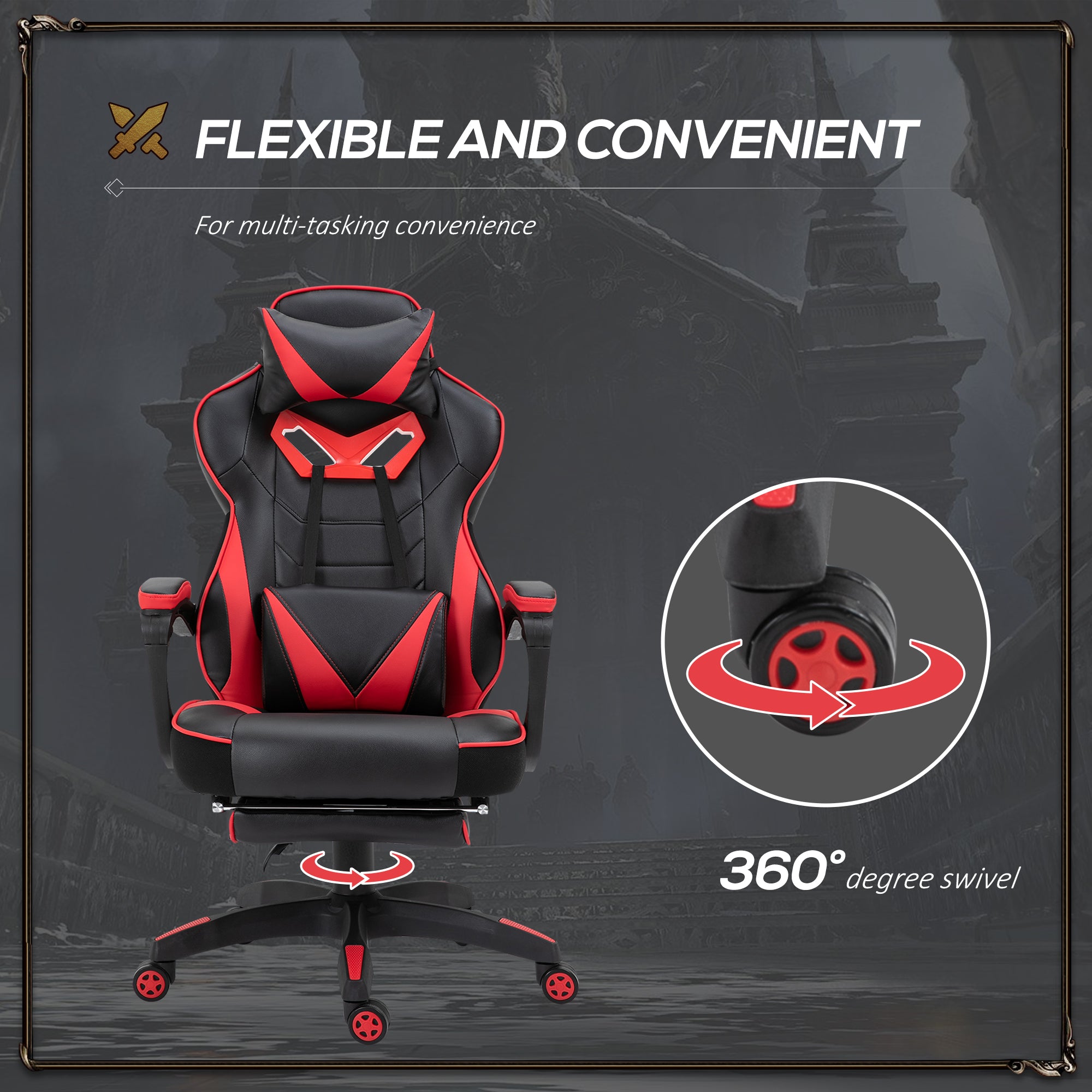 Vinsetto Computer Gaming Chair, Racing Desk Chair with Lumbar Support and Footrest, PU Leather Gamer Chair with Headrest and Swivel Wheels for Home, Red - North Peak Garden Furniture