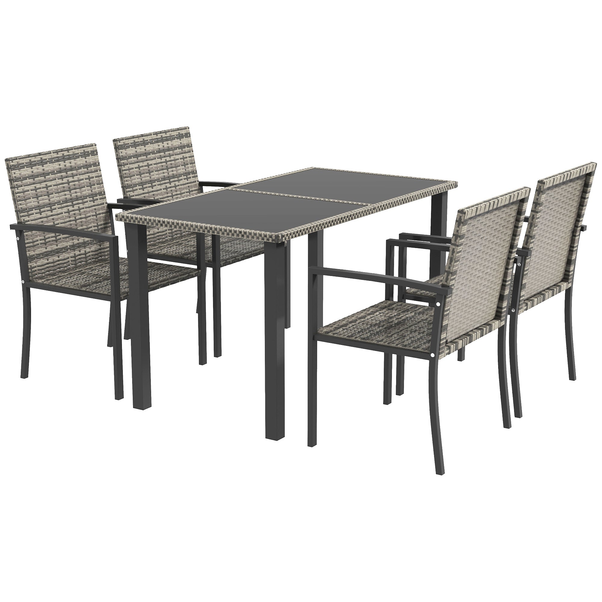 Outsunny 6 Pieces Garden Dining Set, 4 Seater Rattan Dining Set Outdoor with Umbrella, Cushions, Tempered Glass Top Table | Aosom UK