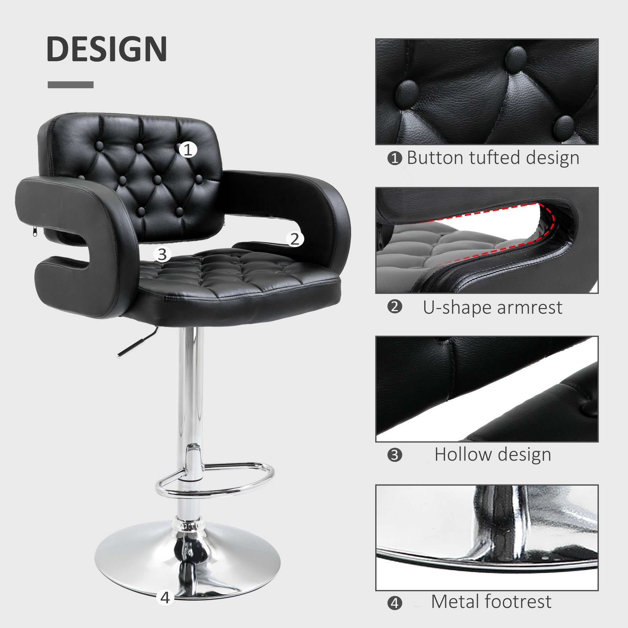 HOMCOM PU Leather Upholstered Swivel Bar Stool, Height Adjustable Barstool with Back, Armrest, Footrest for Kitchen - North Peak Garden Furniture