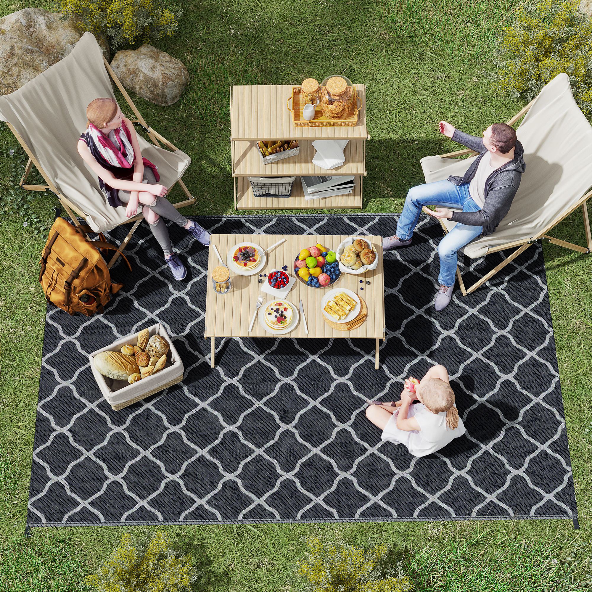Outsunny Reversible Outdoor Rug, Plastic Straw Mat w/ Carry Bag Ground Stakes for Garden RV Picnic Beach Camping 182x274cm Black - North Peak Garden Furniture