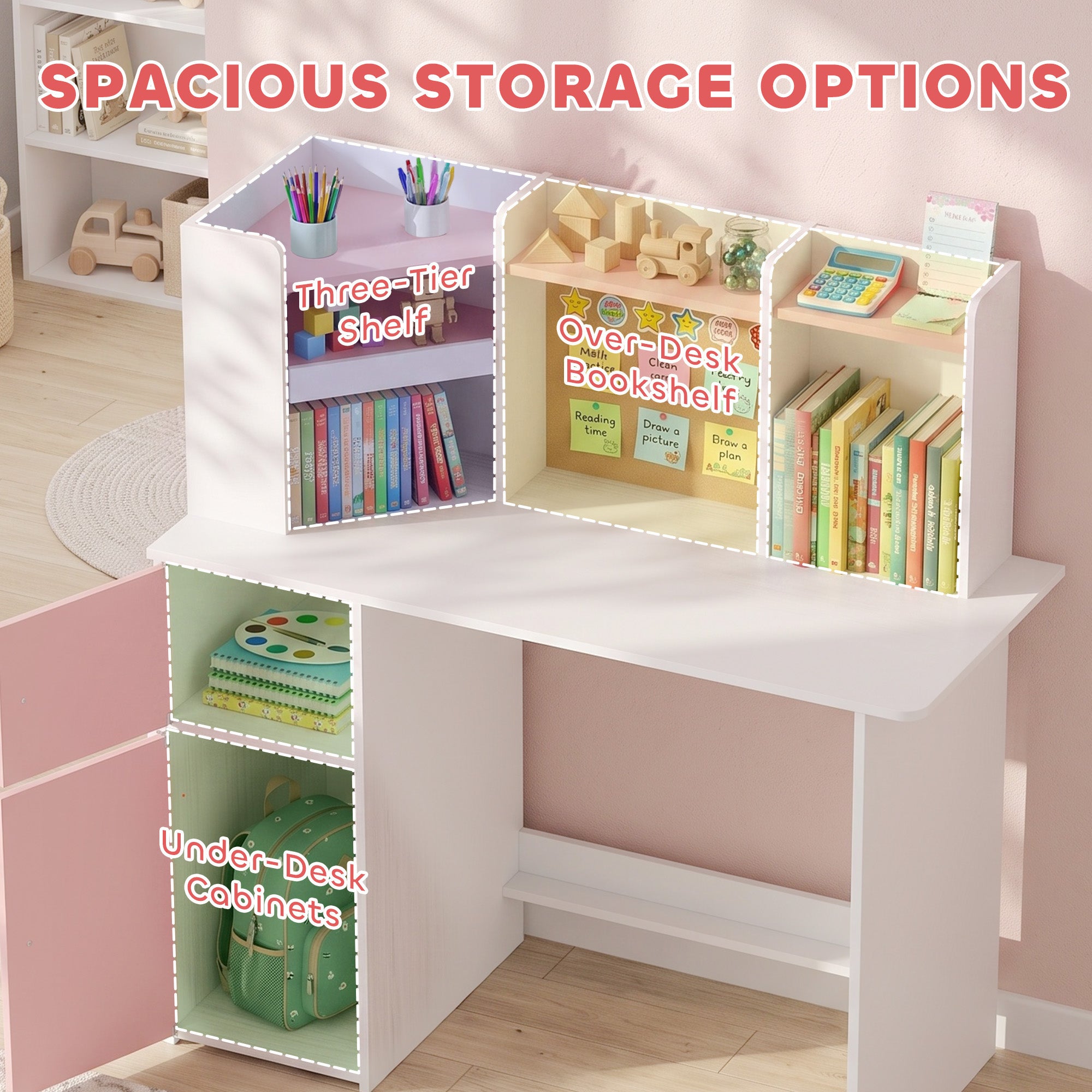 AIYAPLAY Kids Desk and Chair Set Storage Shelves Kids Desk Adjustable Tablet Stand Cork Board Pen Holder Pink
