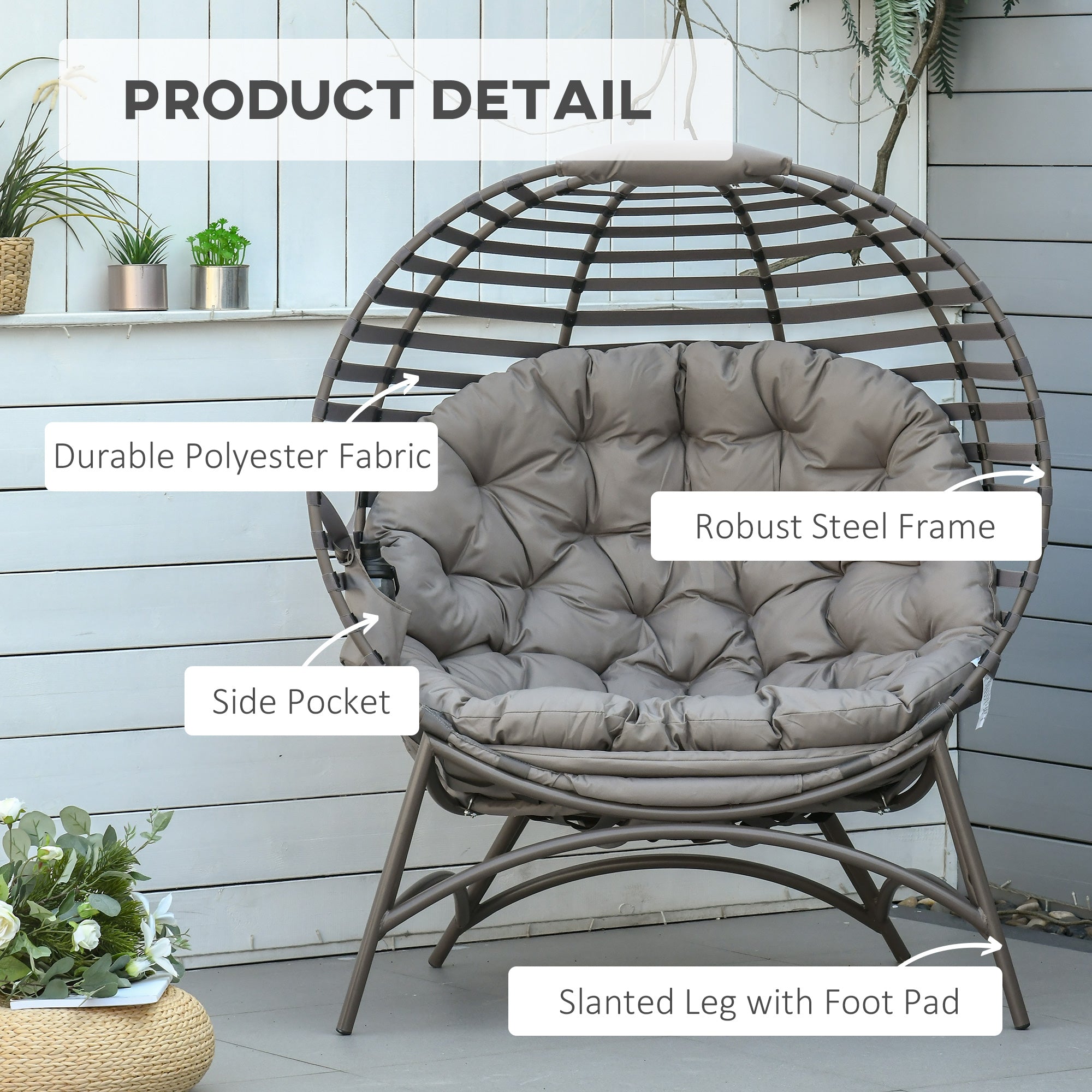 Outsunny Egg Chair with Soft Cushion, Steel Frame and Side Pocket, Garden Patio Basket Chair for Indoor, Outdoor, Brown - North Peak Garden Furniture