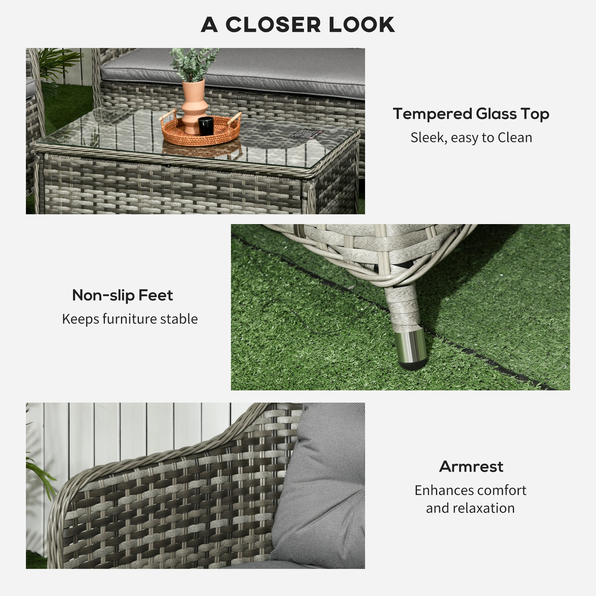 Outsunny 4 Pieces Outdoor PE Rattan Garden Furniture with Cushions, Patio Special Hand Weave Wicker Conservatory Sofa Set with Glass Top Coffee Table, Mixed Grey - North Peak Garden Furniture
