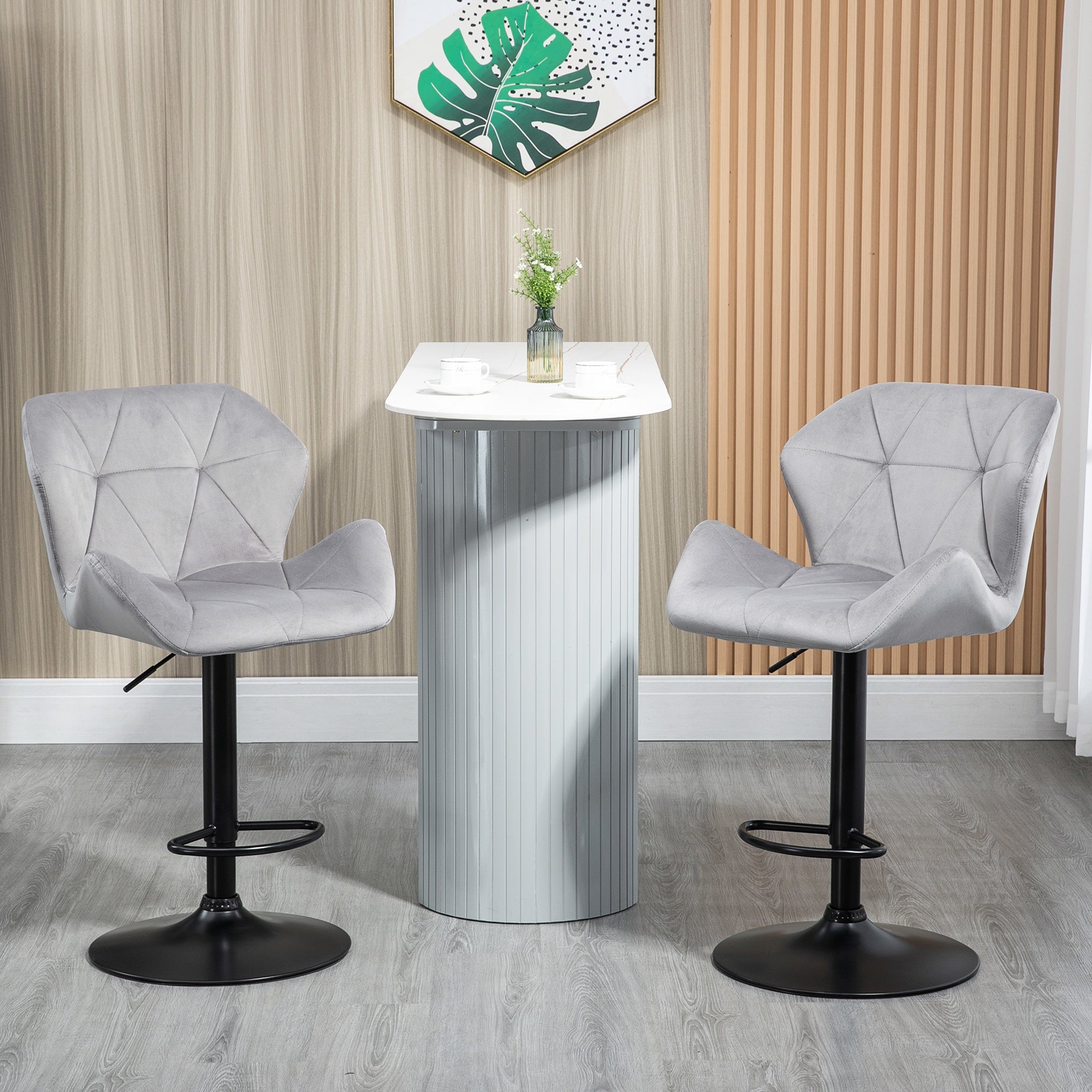 HOMCOM Bar Stools Set Of 2, Luxurious Velvet-Touch Barstools with Metal Frame Footrest Round Base Triangle Indenting Moulded Seat Adjustable Height Swivel Grey