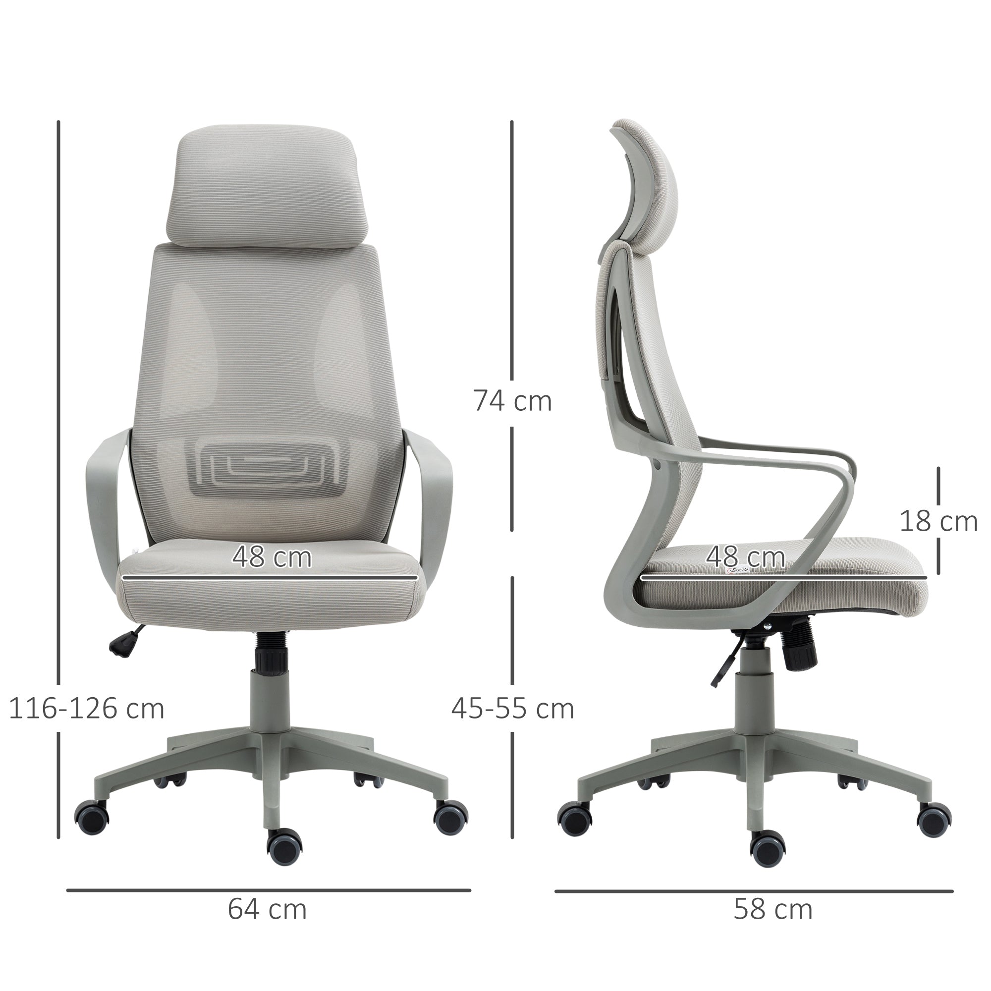 Vinsetto Ergonomic Office Chair, High Back Computer Chair, Mesh Desk Chair with Lumbar Support, Headrest, Wheel, Adjustable Height, Grey - North Peak Garden Furniture