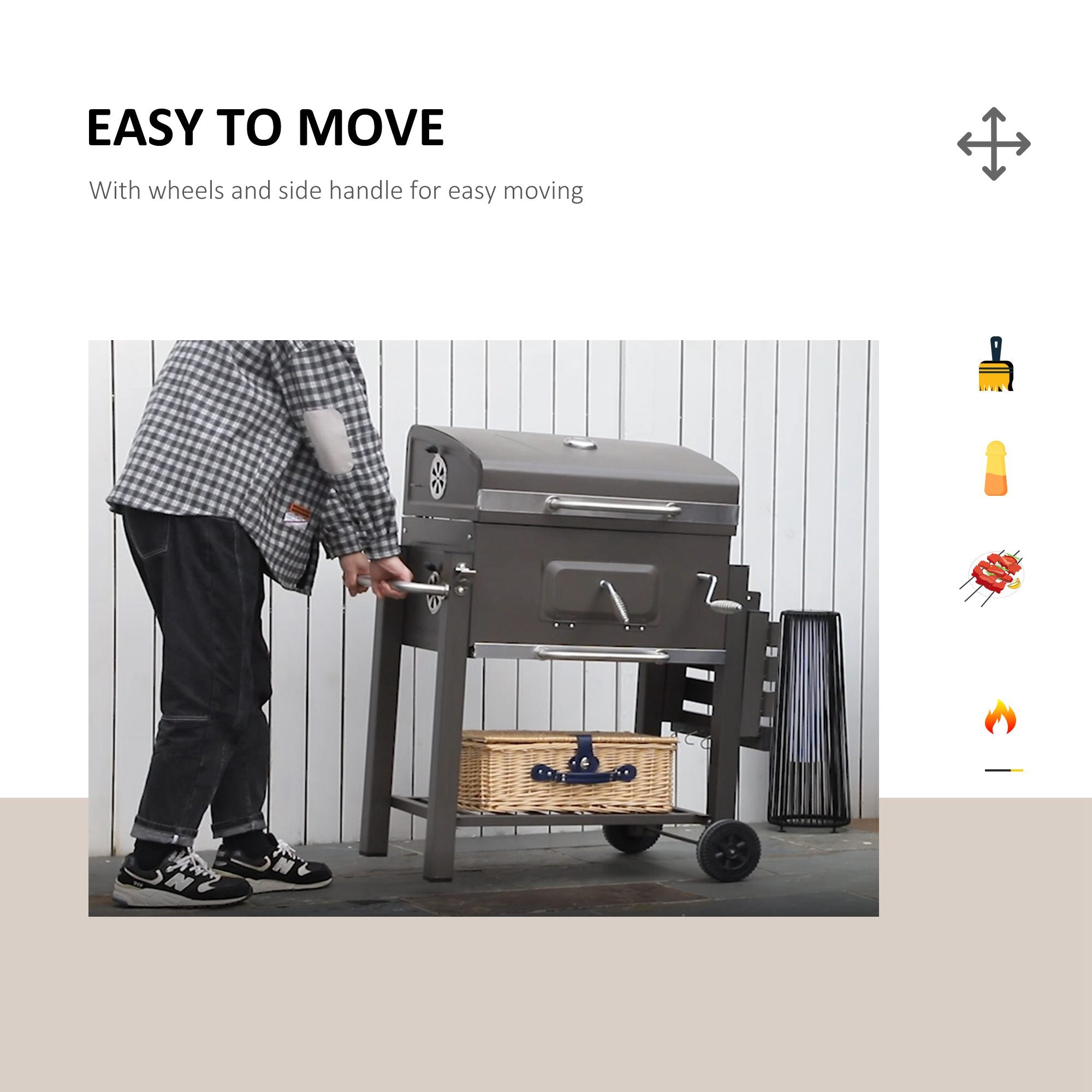 Outsunny Charcoal Grill BBQ Trolley with Adjustable Charcoal Grate, Garden Metal Smoker Barbecue with Shelf, Side Table, Wheels, Built-in Thermometer, Bottle Opener - North Peak Garden Furniture