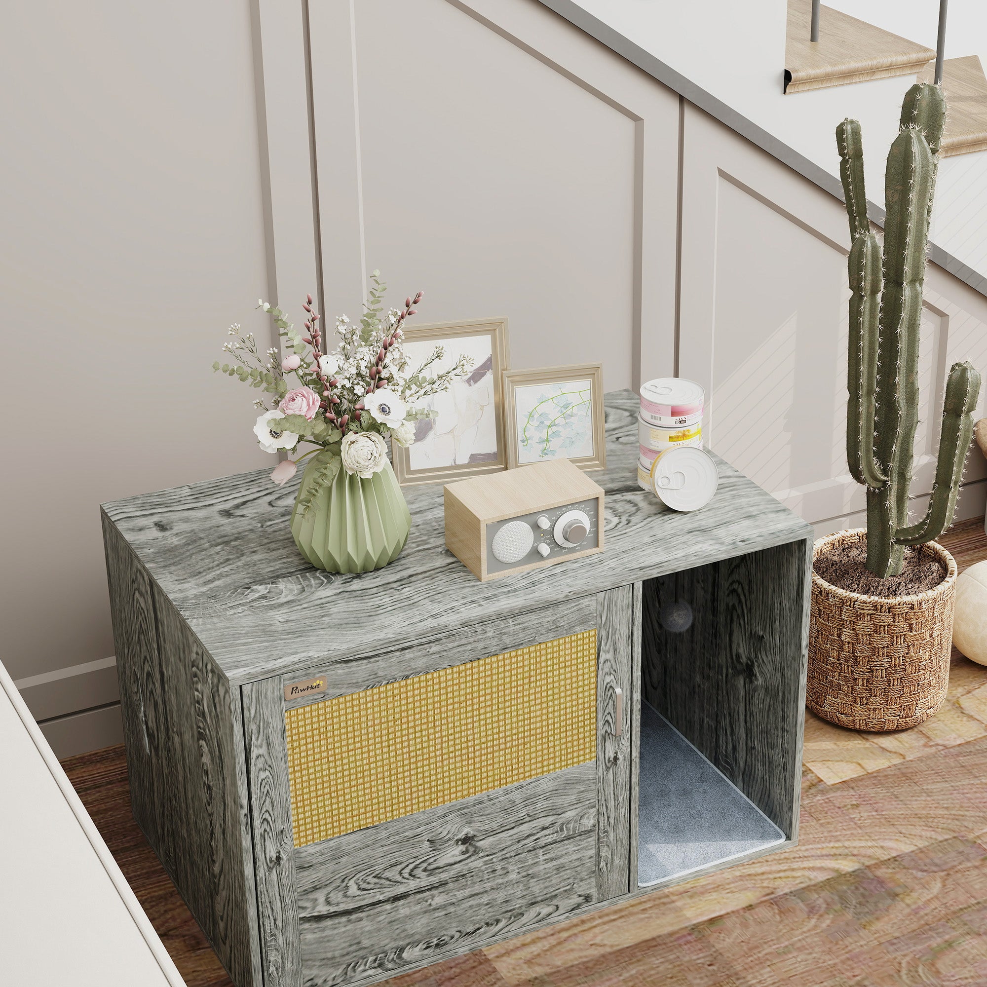 PawHut Boho Style Cat Litter Box Enclosure with Rattan Door, Scratching Mat, Toy Ball, Non-slip Foot Pads, 80 x 50 x 50cm, Grey - North Peak Garden Furniture