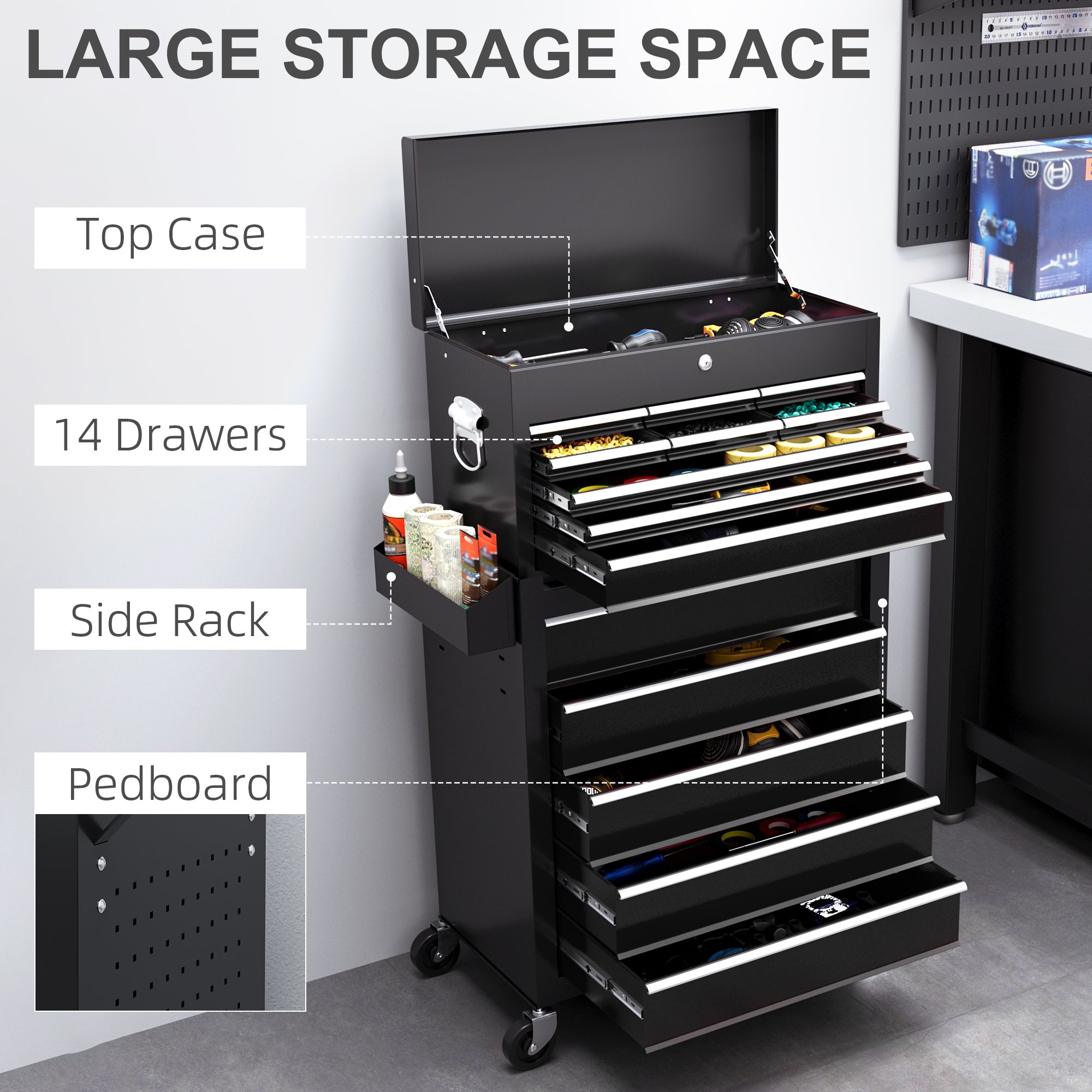 HOMCOM 19 Drawer, Two-Part Tool Storage Chest on Wheels - Black - North Peak Garden Furniture