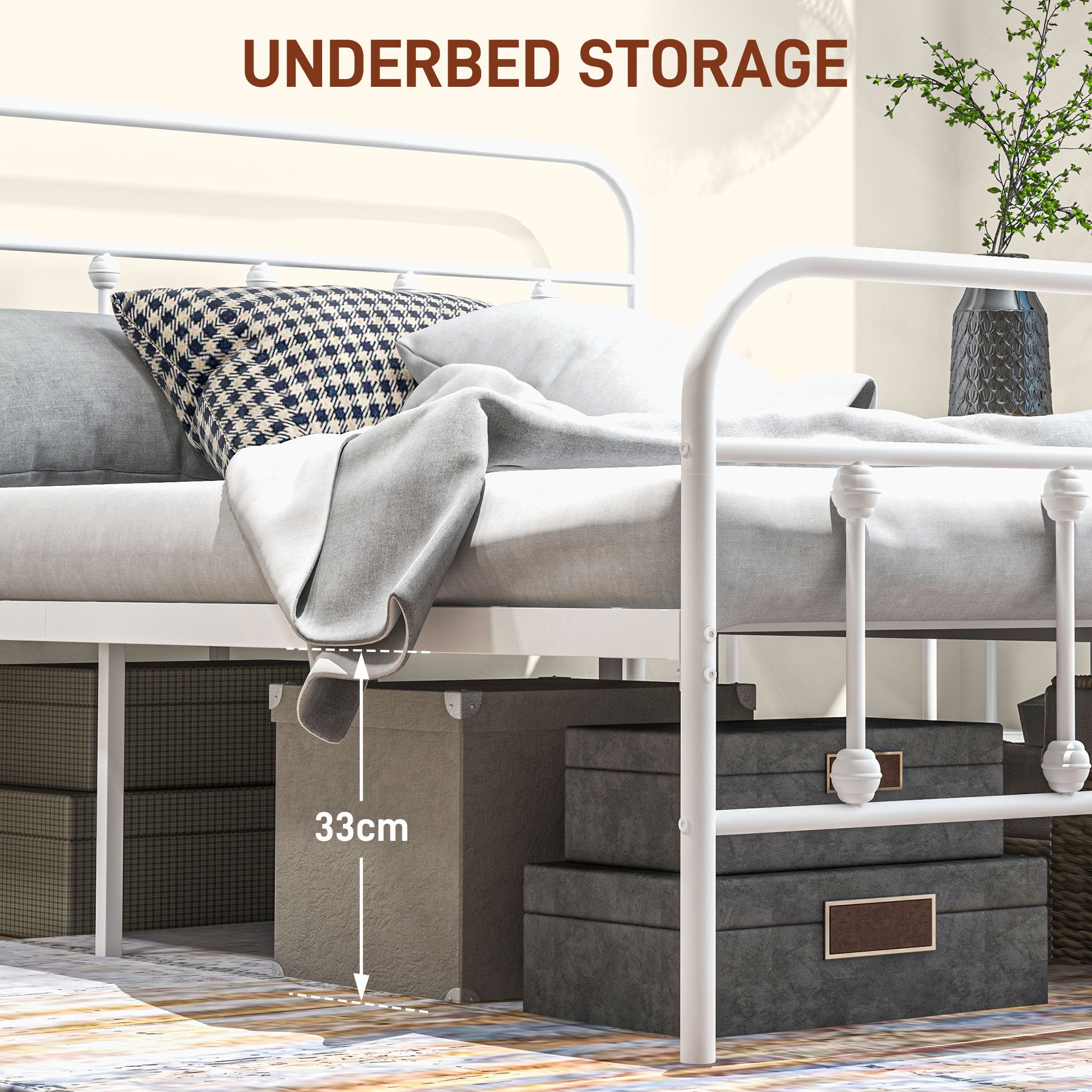 HOMCOM King Size Minimalistic Metal Bed Frame - White - North Peak Garden Furniture