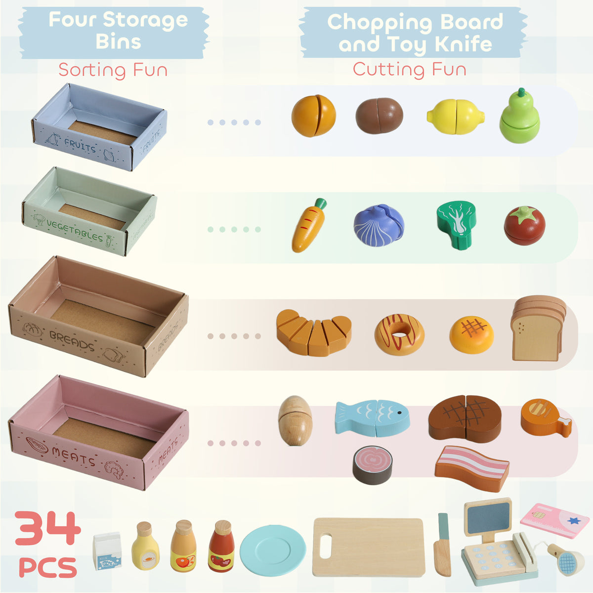 AIYAPLAY Wooden Toy Shop, Wooden Market Stall with Cash Register, Blackboard and Toy Food, 4 Storage Boxes, Ages 3+, Green