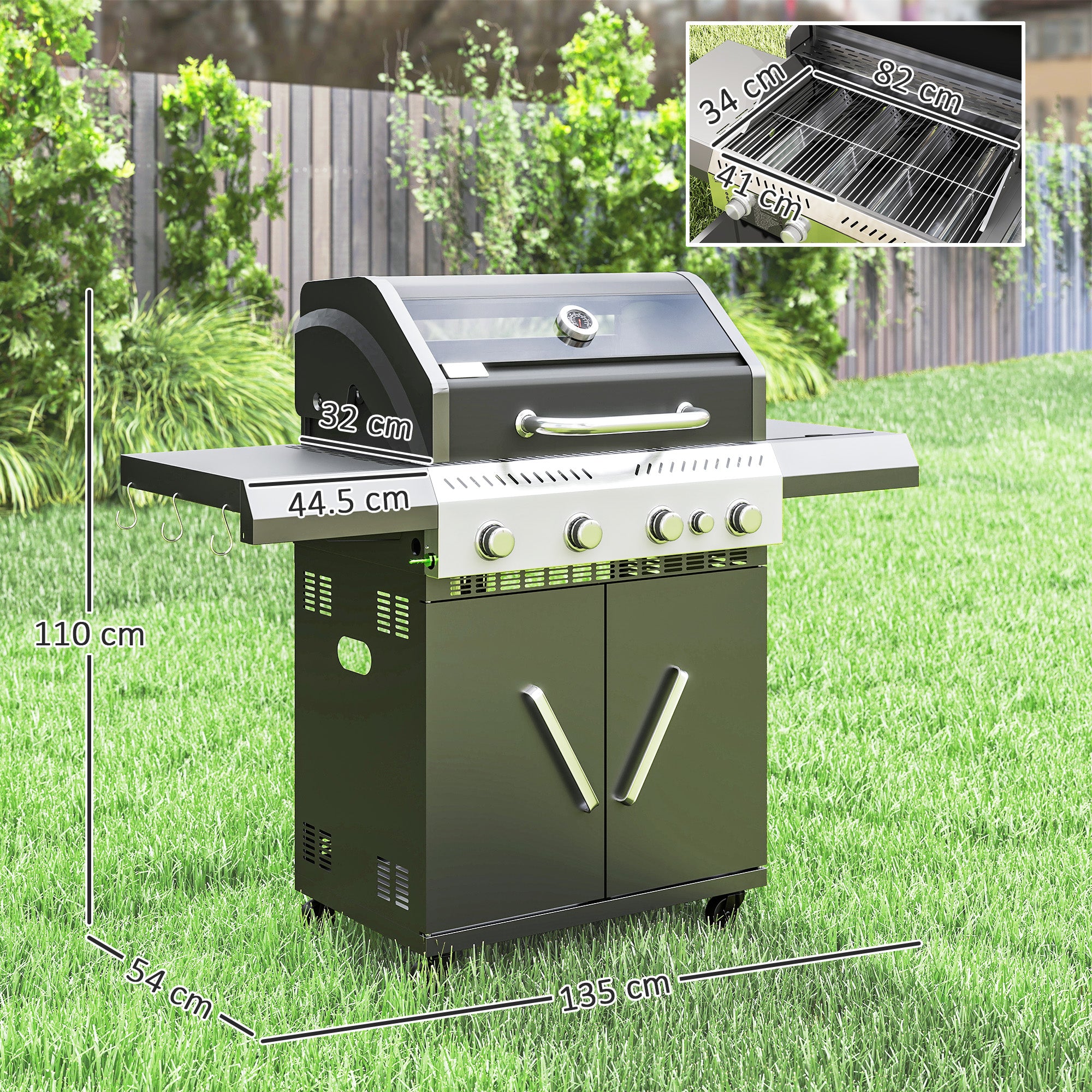 Outsunny 4+1 Burner Gas BBQ Grill with Clear View Lid, Portable Gas Barbecue Grill with Built-in Thermometer, Side Table, Cabinet, Wheels, Grease Tray for Garden Party Outdoor Cooking, Black - North Peak Garden Furniture