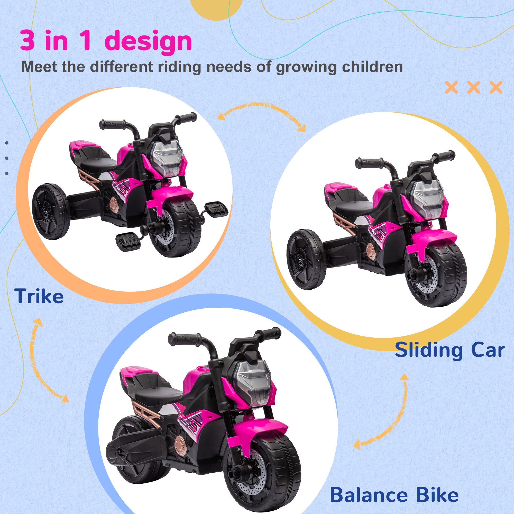 AIYAPLAY Motorcycle Design, 3 in 1 Toddler Trike, Sliding Car, Balance Bike with Headlight, Music, Horn, Pink - North Peak Garden Furniture